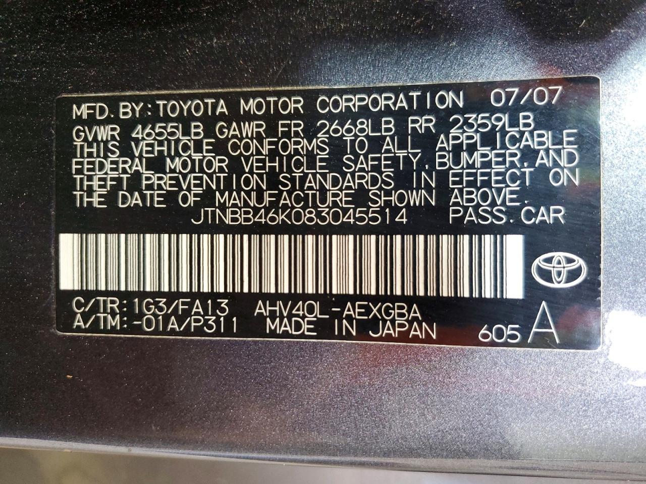 2008 Toyota Camry Hybrid Gray vin: JTNBB46K083045514