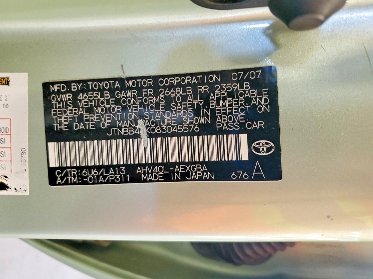 2008 Toyota Camry Hybrid Green vin: JTNBB46K083045576