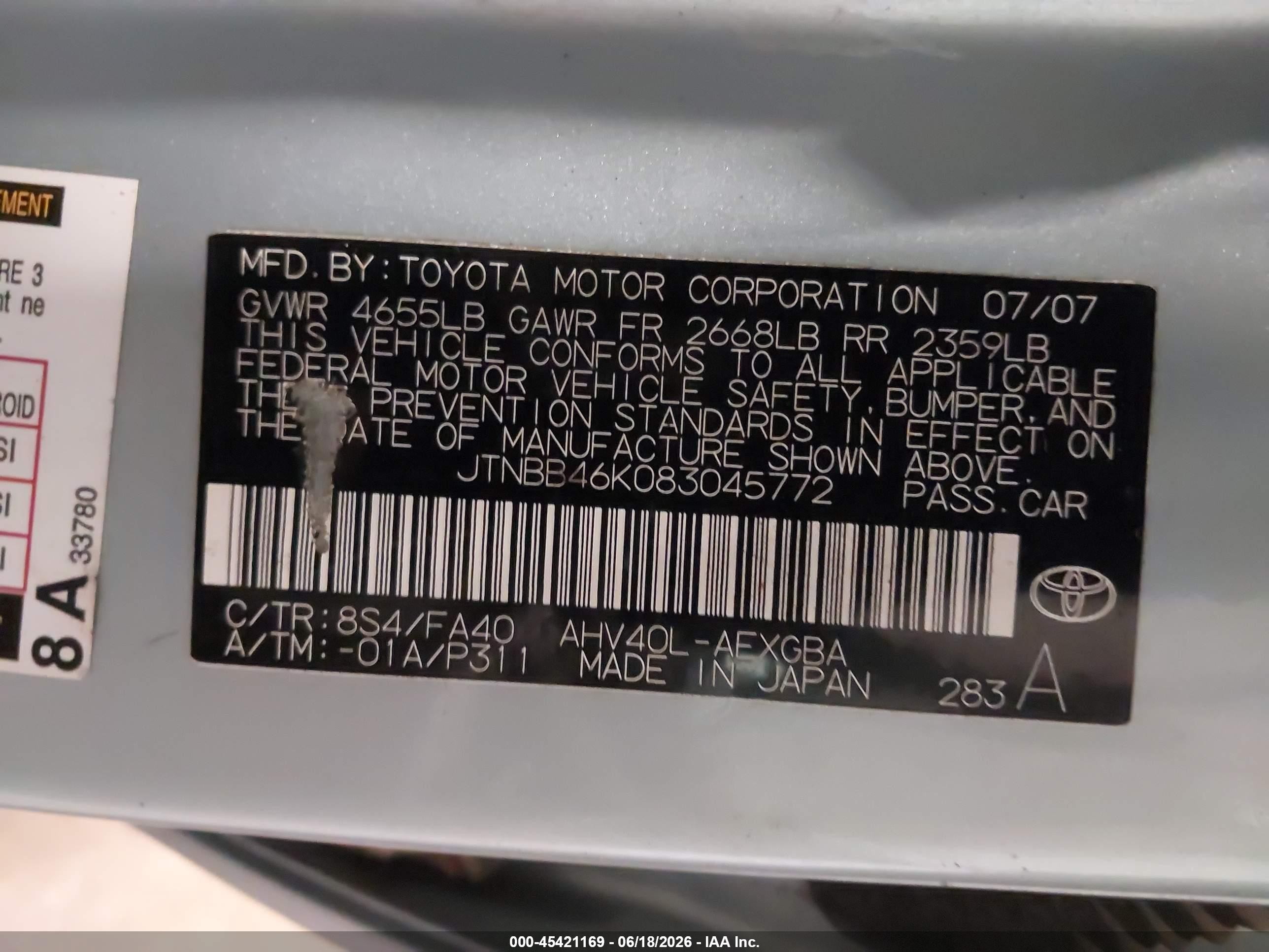 2008 Toyota Camry Hybrid Blue vin: JTNBB46K083045772