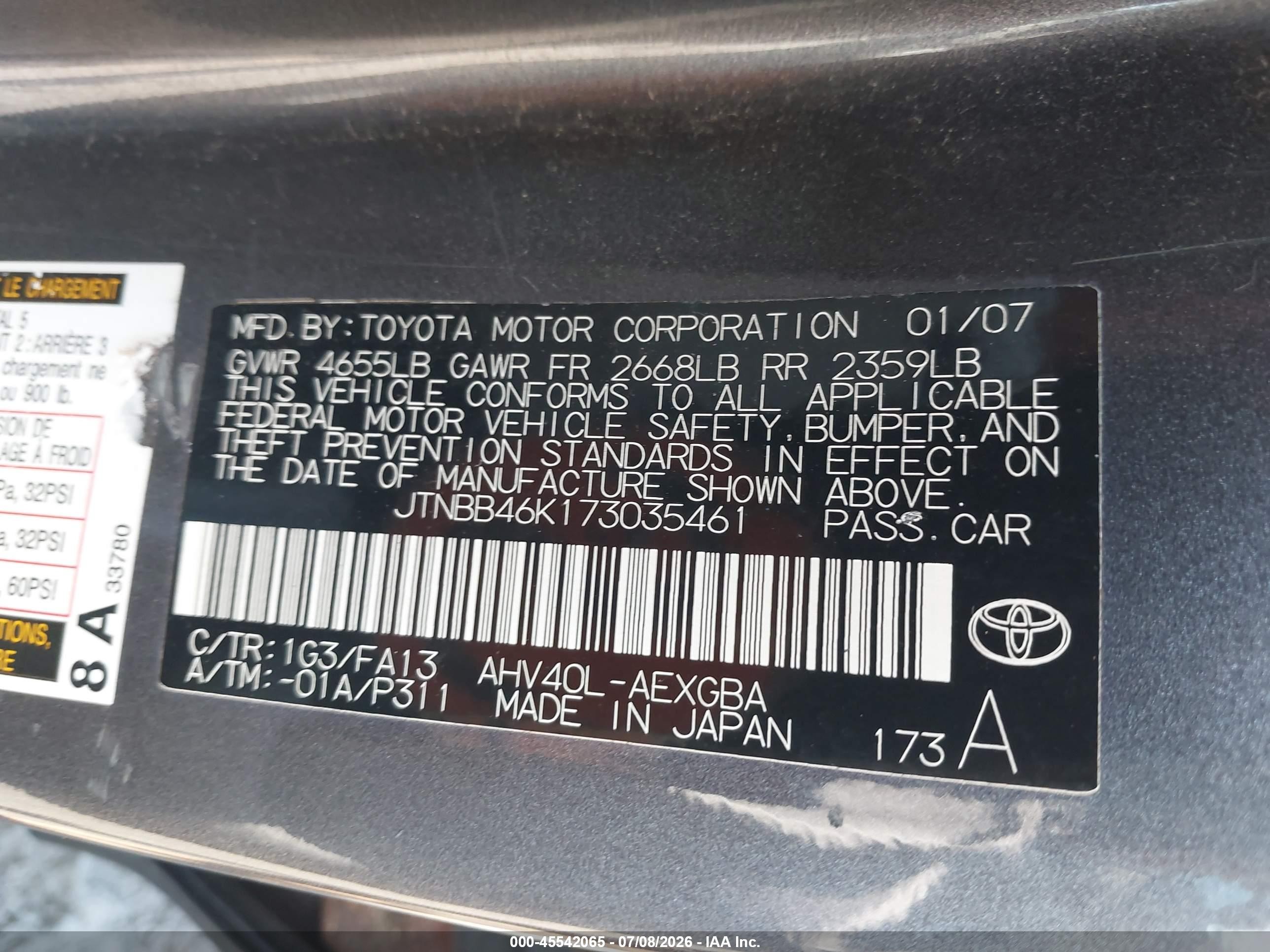 2007 Toyota Camry Hybrid   Gray vin: JTNBB46K173035461
