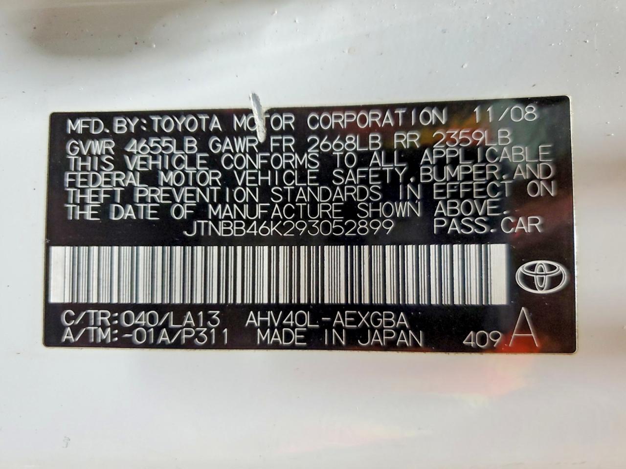 2009 Toyota Camry Hybrid White vin: JTNBB46K293052899