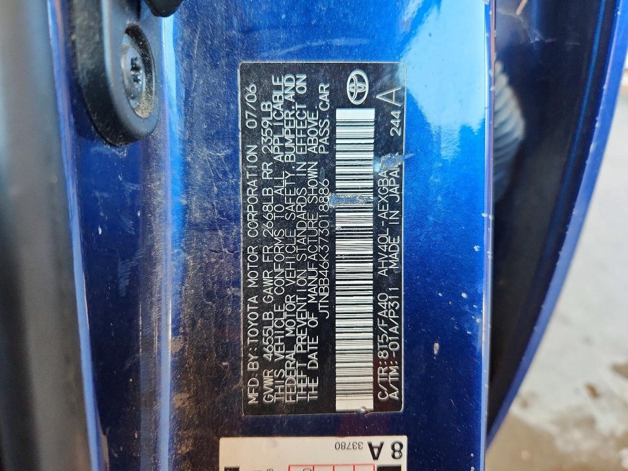 2007 Toyota Camry Hybrid Blue vin: JTNBB46K373018886