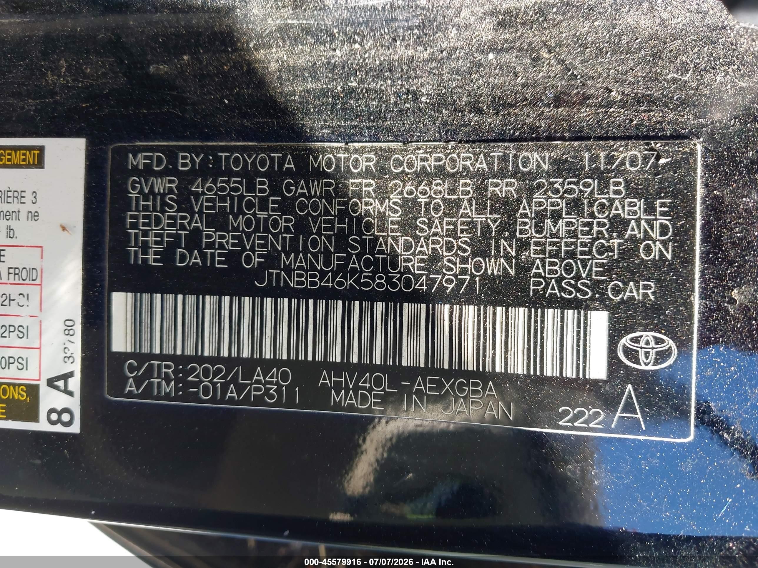 2008 Toyota Camry Hybrid   Black vin: JTNBB46K583047971