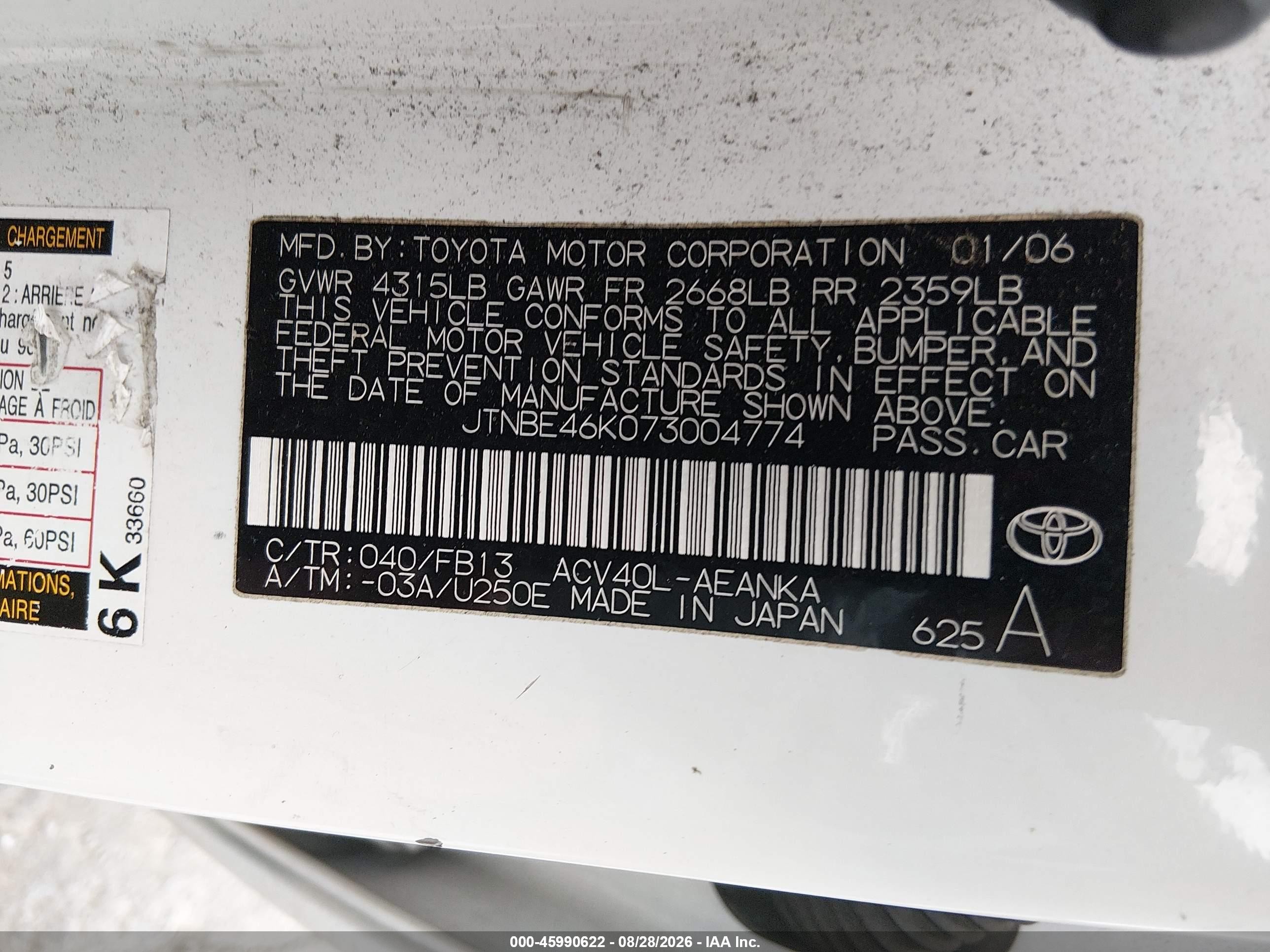 2007 Toyota Camry Le White vin: JTNBE46K073004774