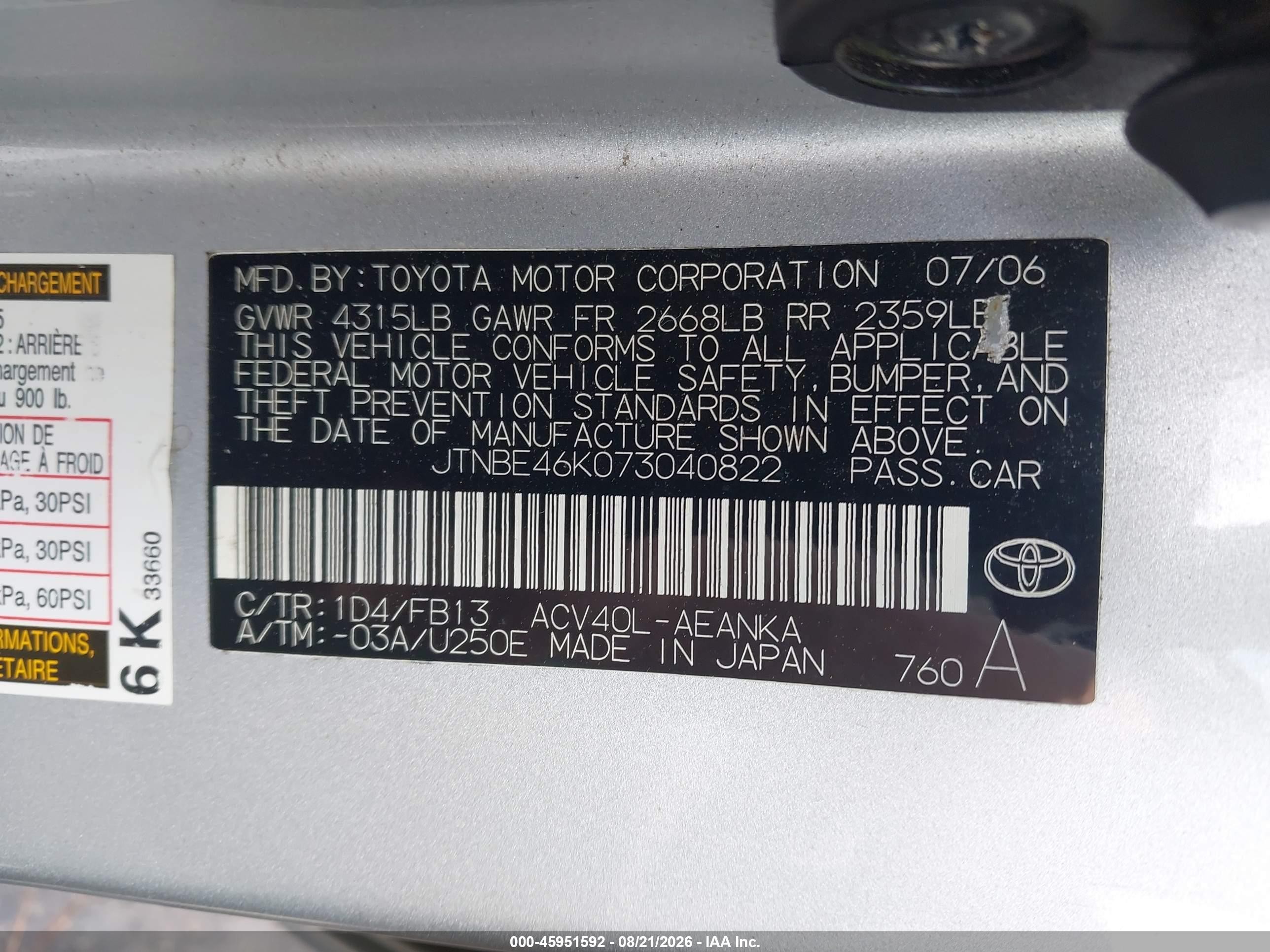 2007 Toyota Camry Le White vin: JTNBE46K073040822