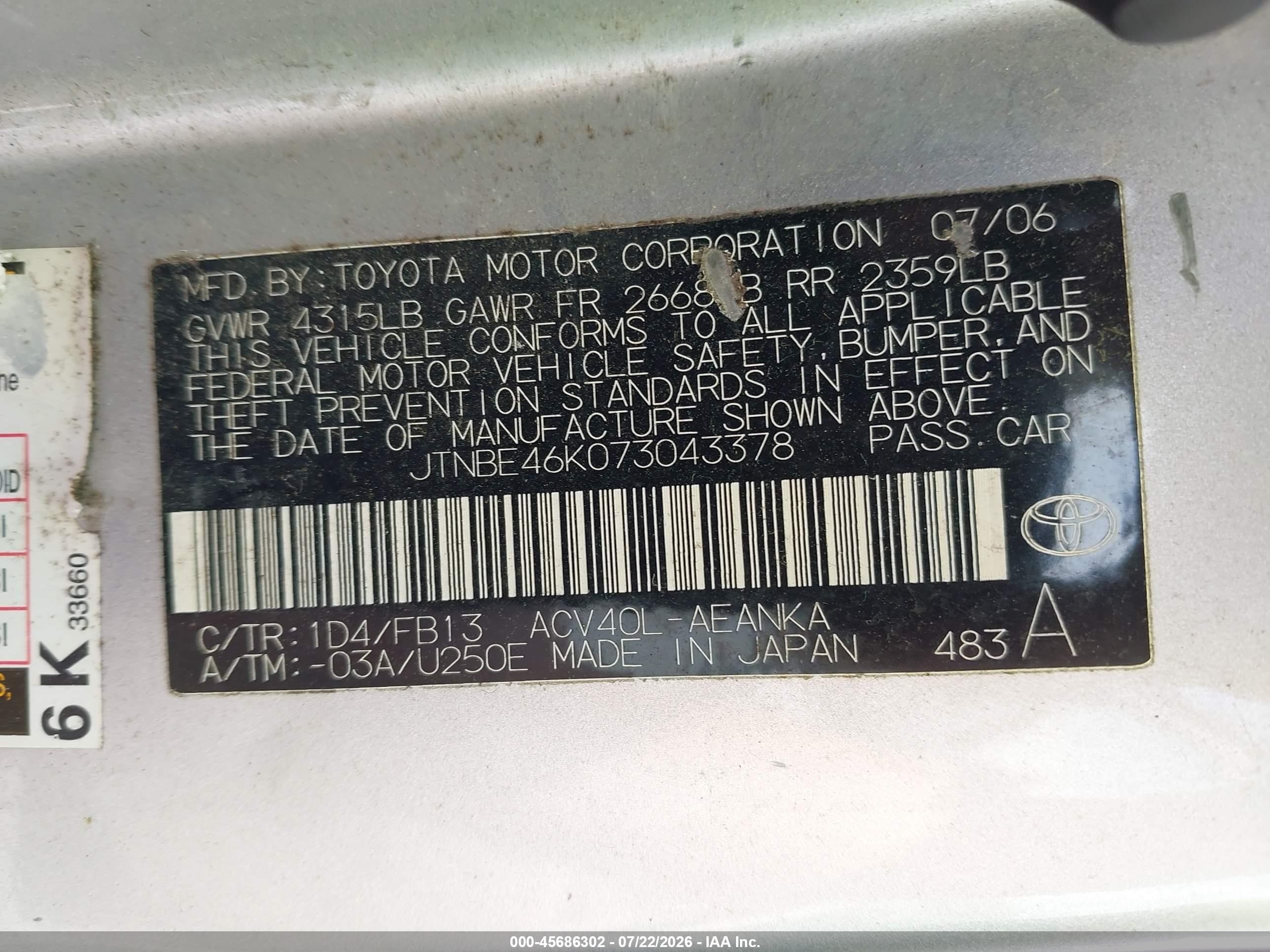 2007 Toyota Camry Ce Silver vin: JTNBE46K073043378