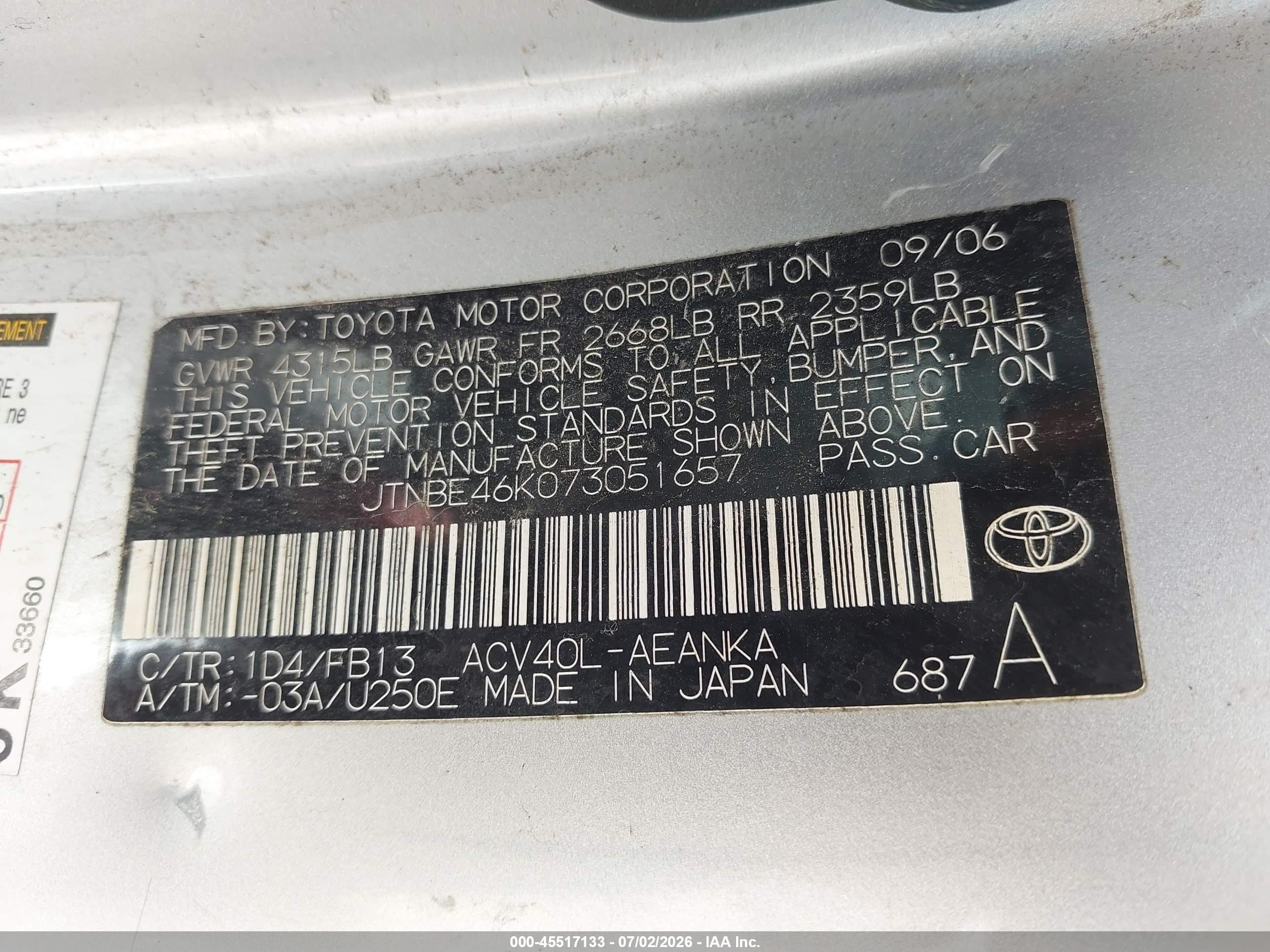 2007 Toyota Camry Le Silver vin: JTNBE46K073051657