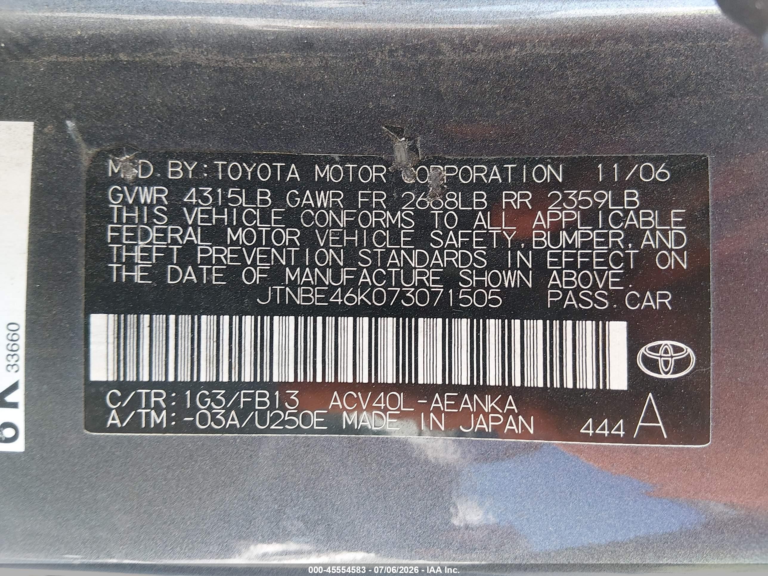 2007 Toyota Camry Le Gray vin: JTNBE46K073071505