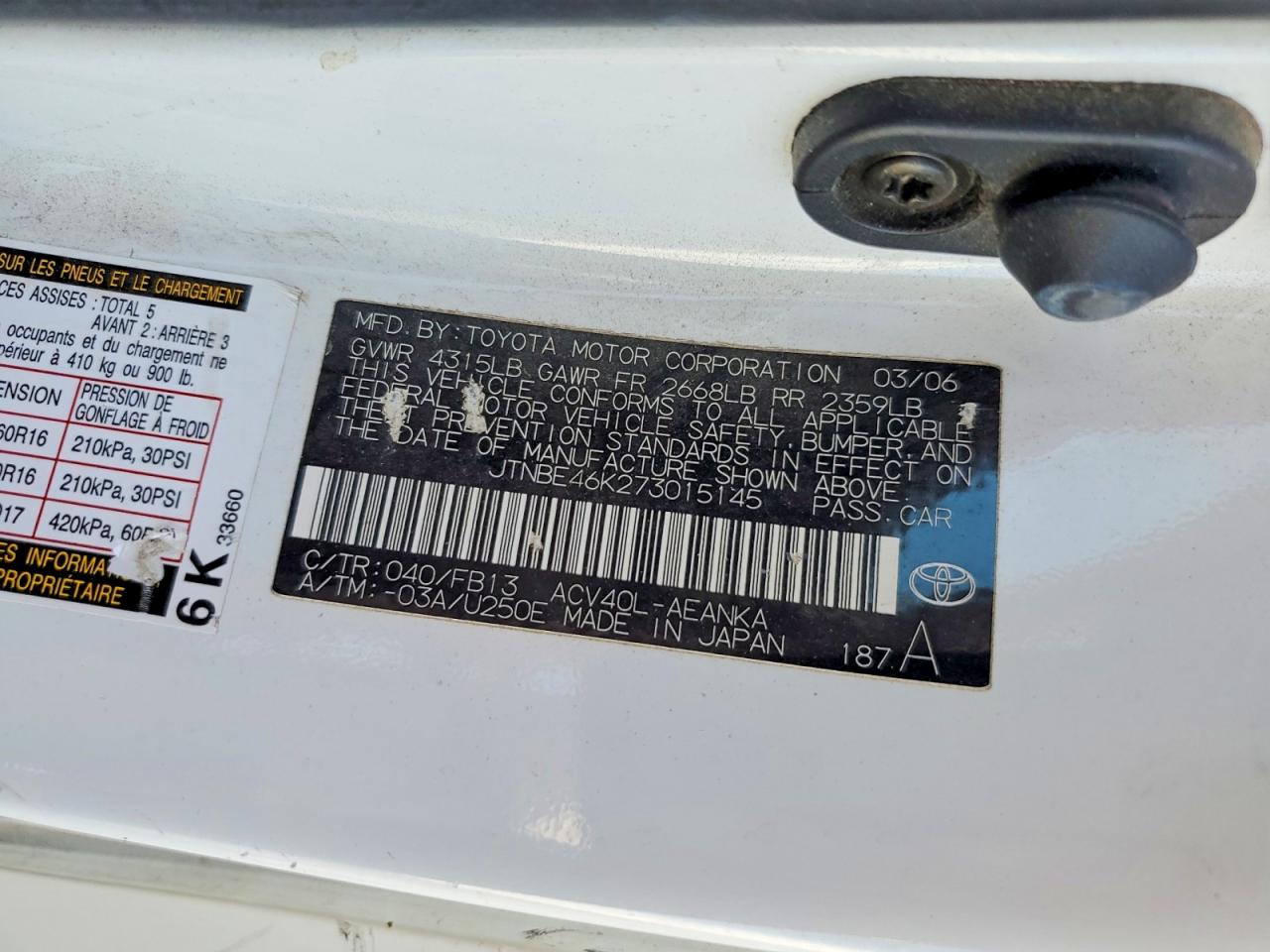 2007 Toyota Camry Ce Белый vin: JTNBE46K273015145