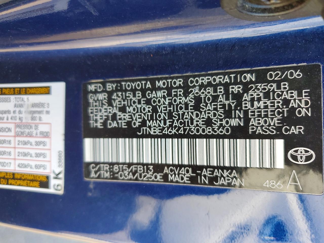 2007 Toyota Camry Le Blue vin: JTNBE46K473008360