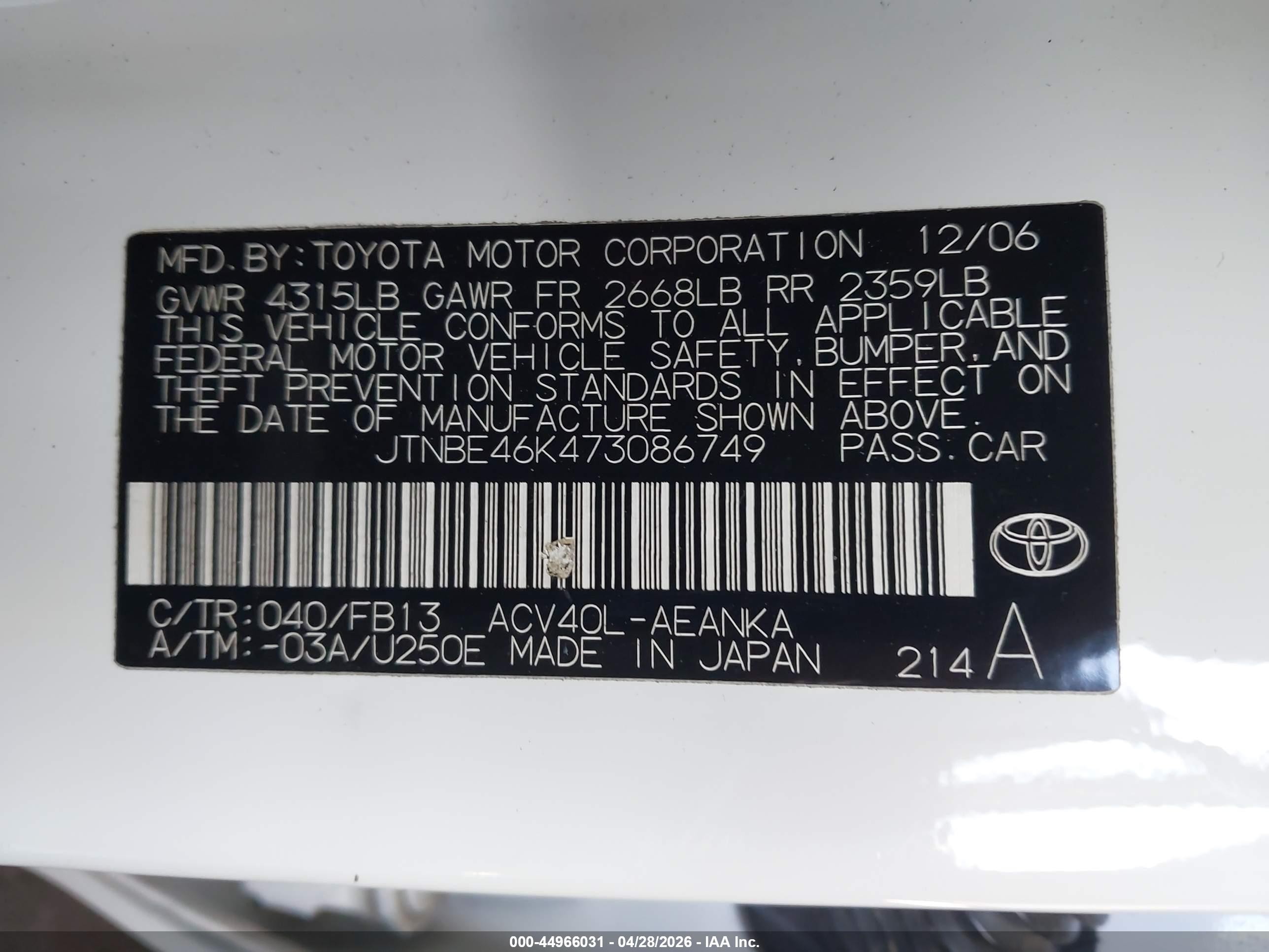 2007 Toyota Camry Ce White vin: JTNBE46K473086749