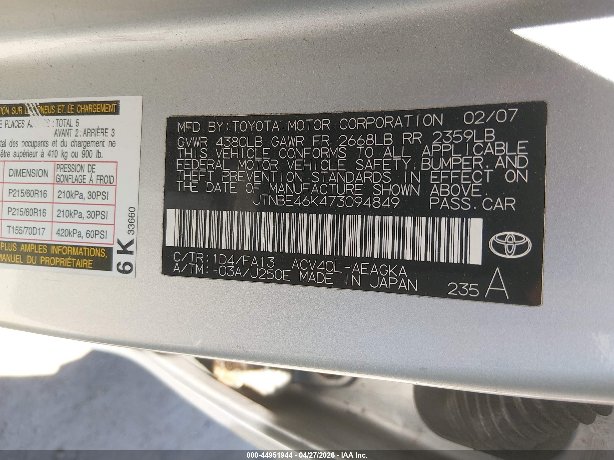 2007 Toyota Camry Xle Silver vin: JTNBE46K473094849