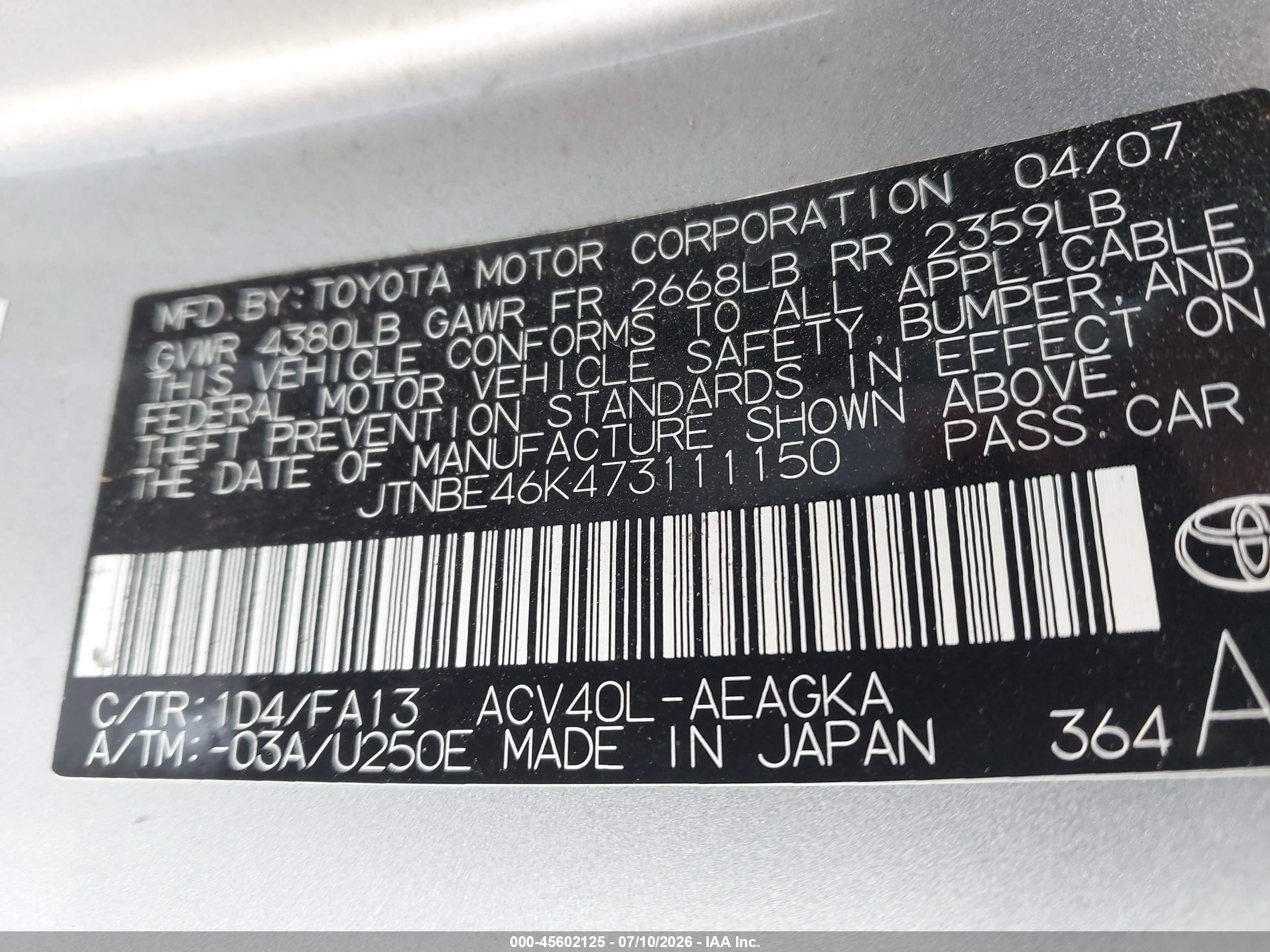2007 Toyota Camry Xle Silver vin: JTNBE46K473111150