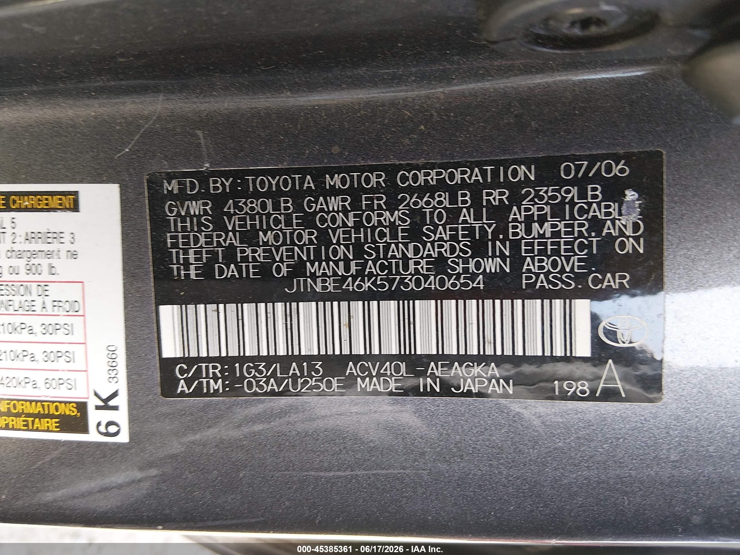2007 Toyota Camry Xle Gray vin: JTNBE46K573040654