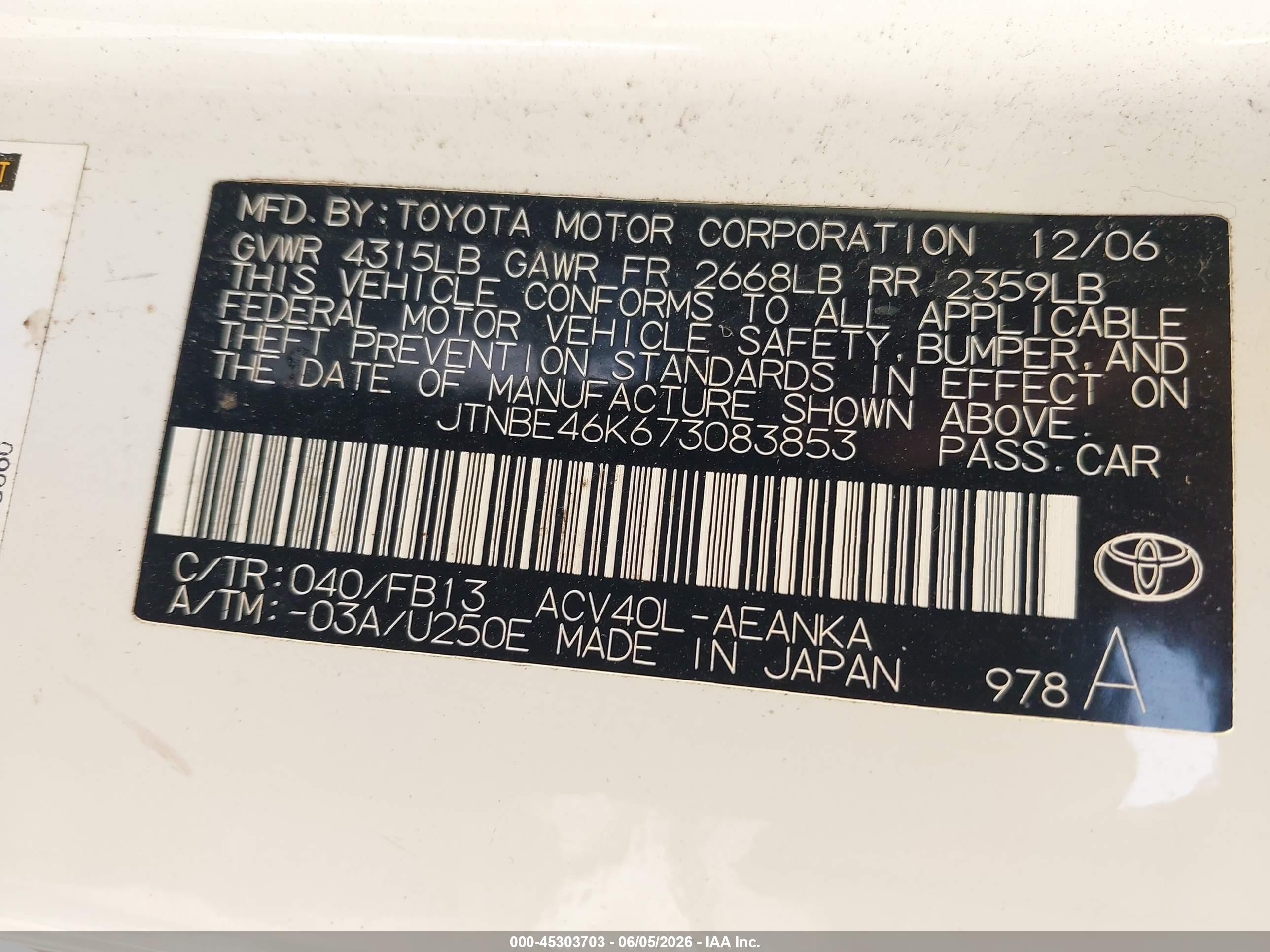 2007 Toyota Camry Le White vin: JTNBE46K673083853