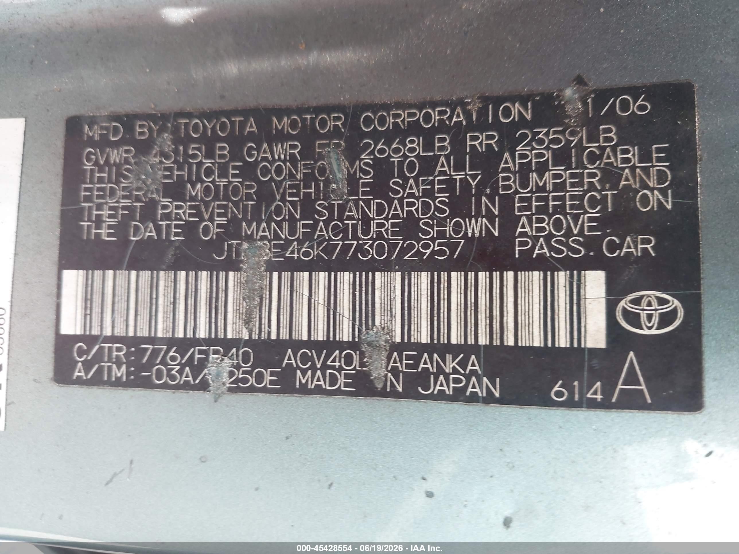 2007 Toyota Camry Le Gray vin: JTNBE46K773072957