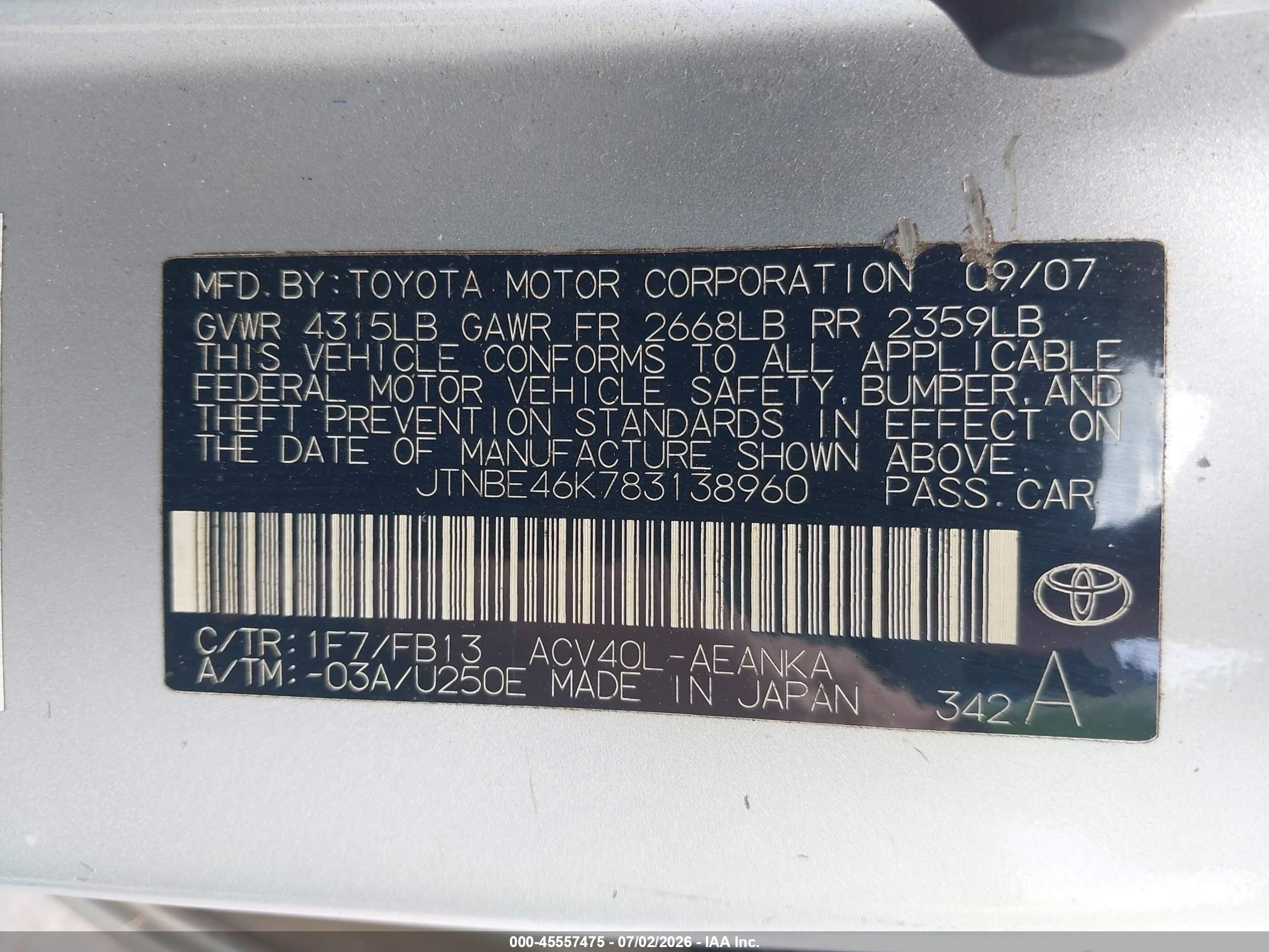 2008 Toyota Camry Le/se/xle Silver vin: JTNBE46K783138960
