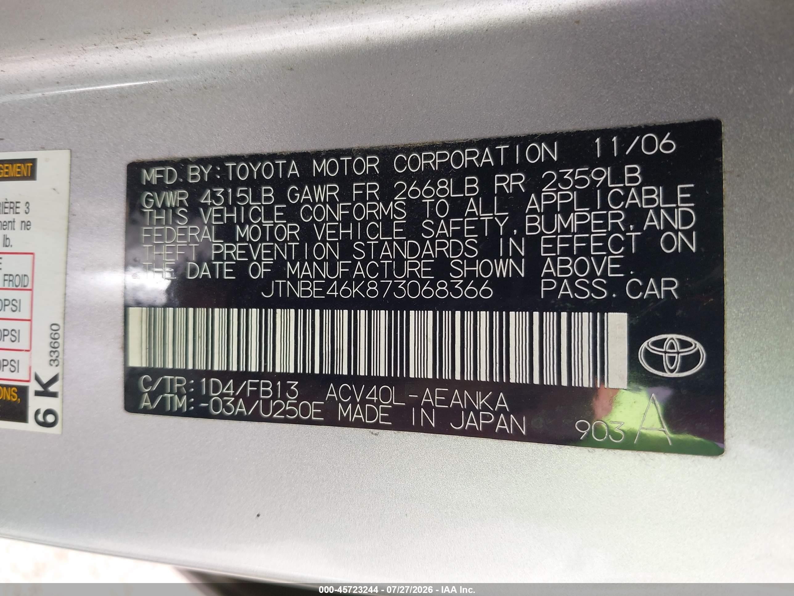 2007 Toyota Camry Ce/le/se/xle Silver vin: JTNBE46K873068366