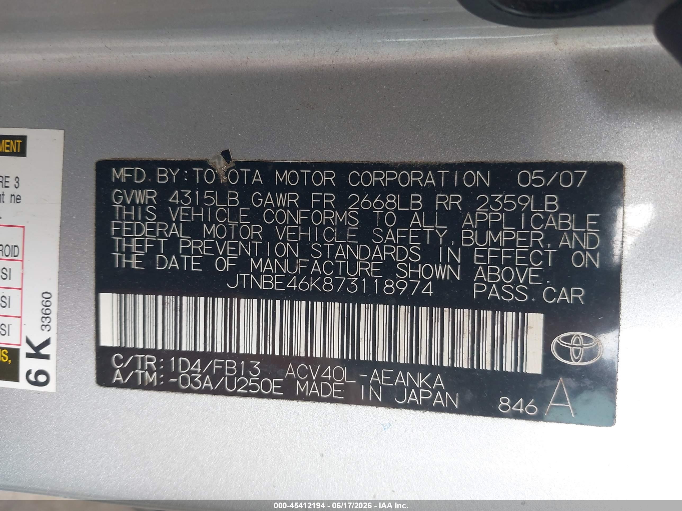 2007 Toyota Camry Ce/le/se/xle Silver vin: JTNBE46K873118974