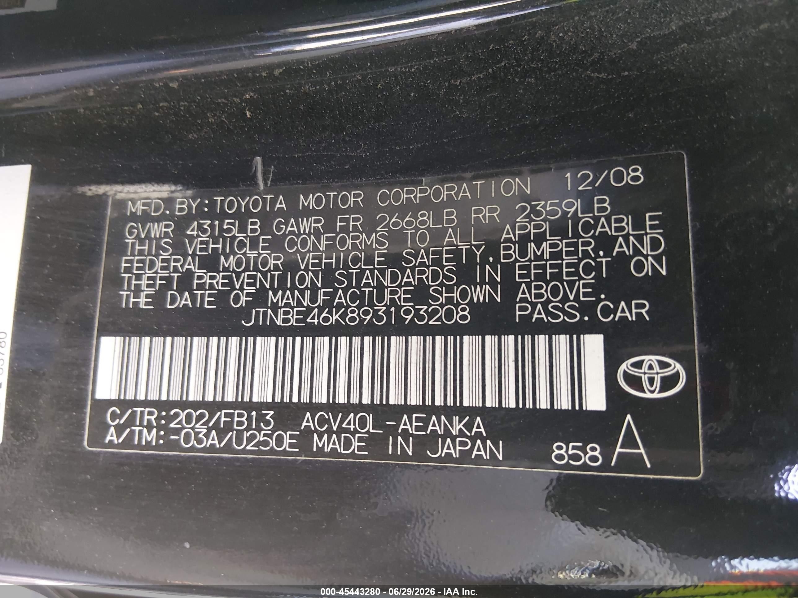 2009 Toyota Camry Le/se/xle Black vin: JTNBE46K893193208