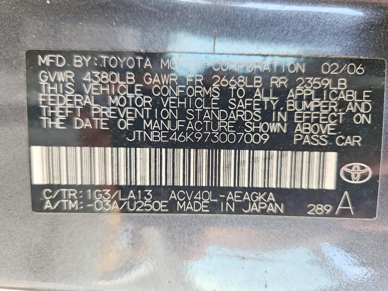 2007 Toyota Camry Xle Серый vin: JTNBE46K973007009