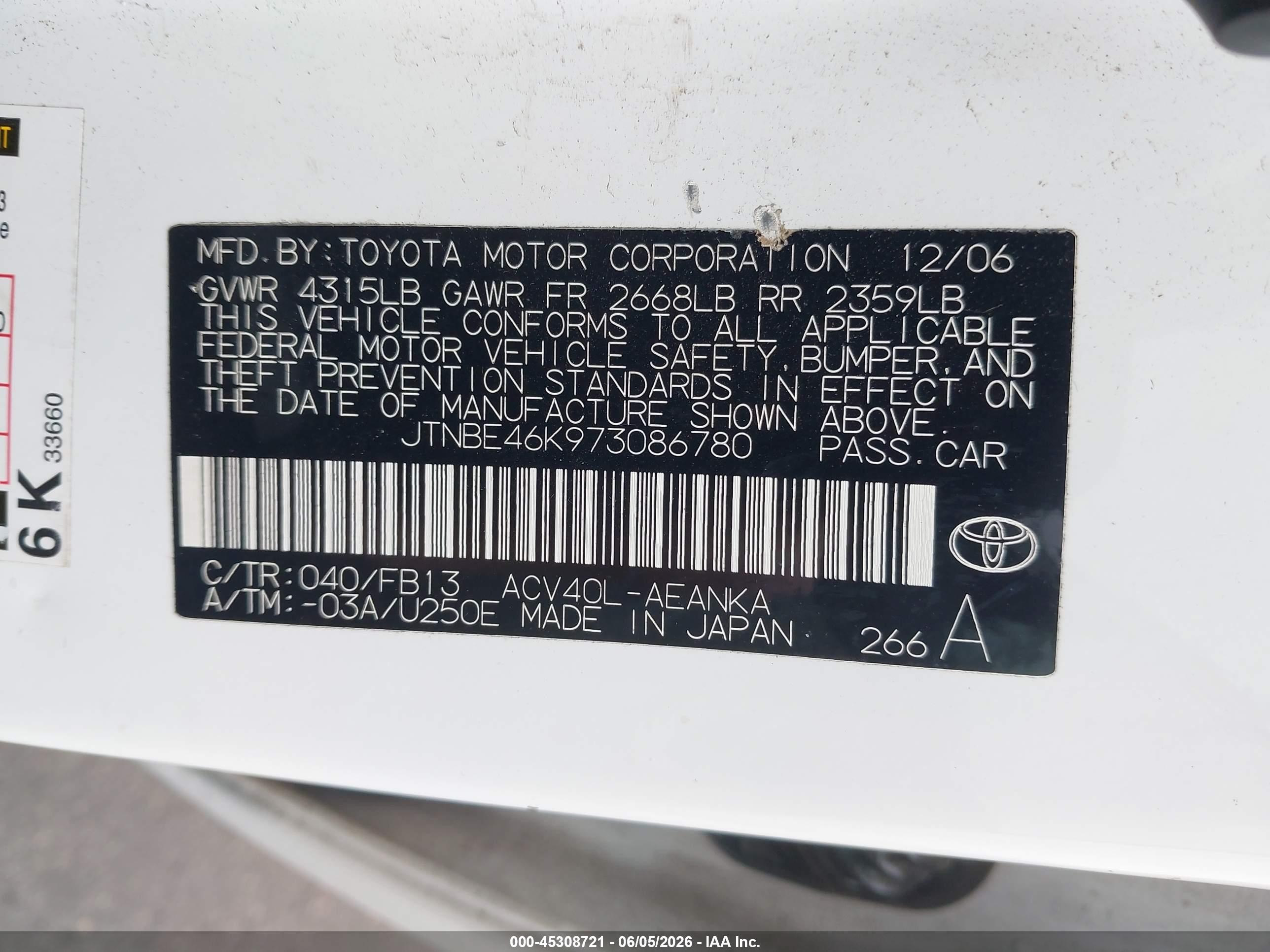 2007 Toyota Camry Le White vin: JTNBE46K973086780