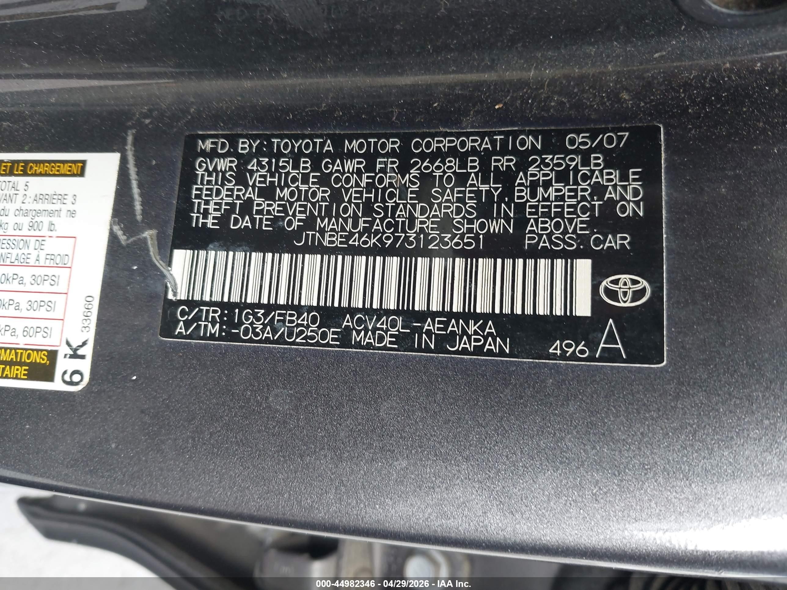 2007 Toyota Camry Le Green vin: JTNBE46K973123651