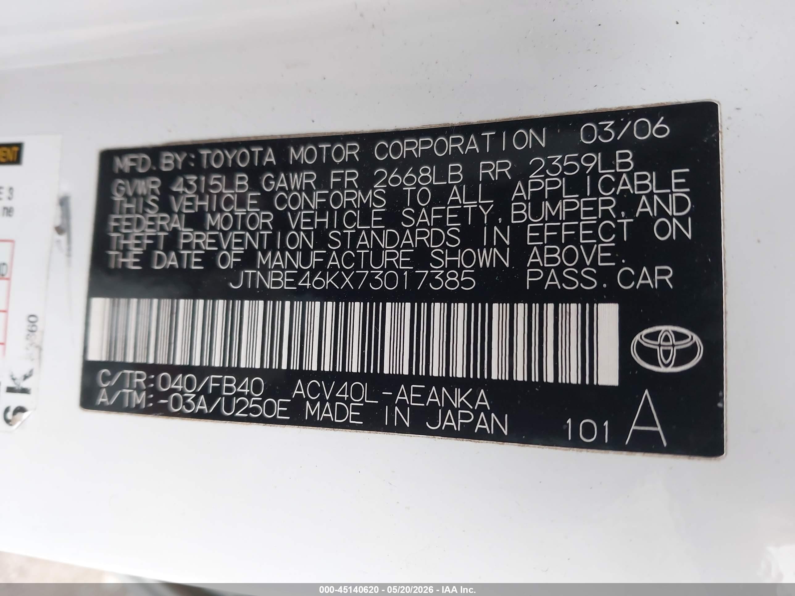 2007 Toyota Camry Le Белый vin: JTNBE46KX73017385