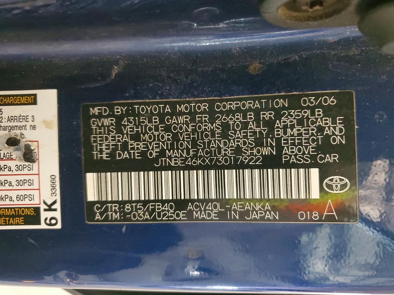 2007 Toyota Camry Le Синий vin: JTNBE46KX73017922