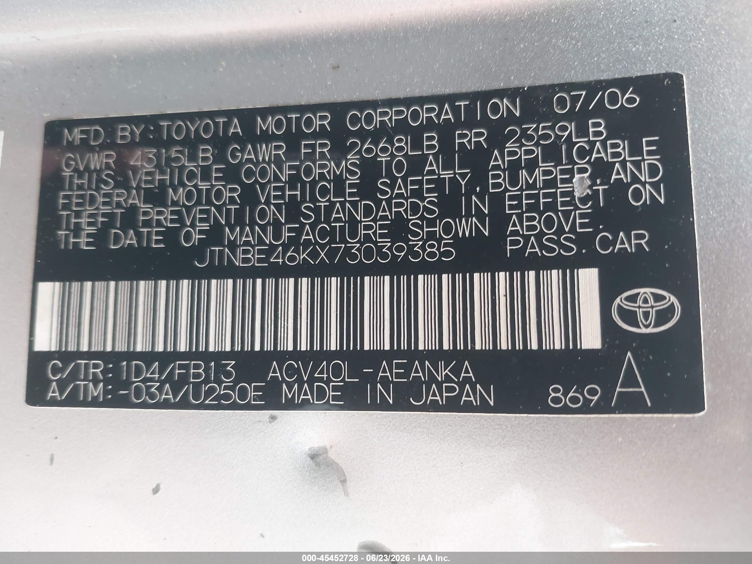 2007 Toyota Camry Le Silver vin: JTNBE46KX73039385