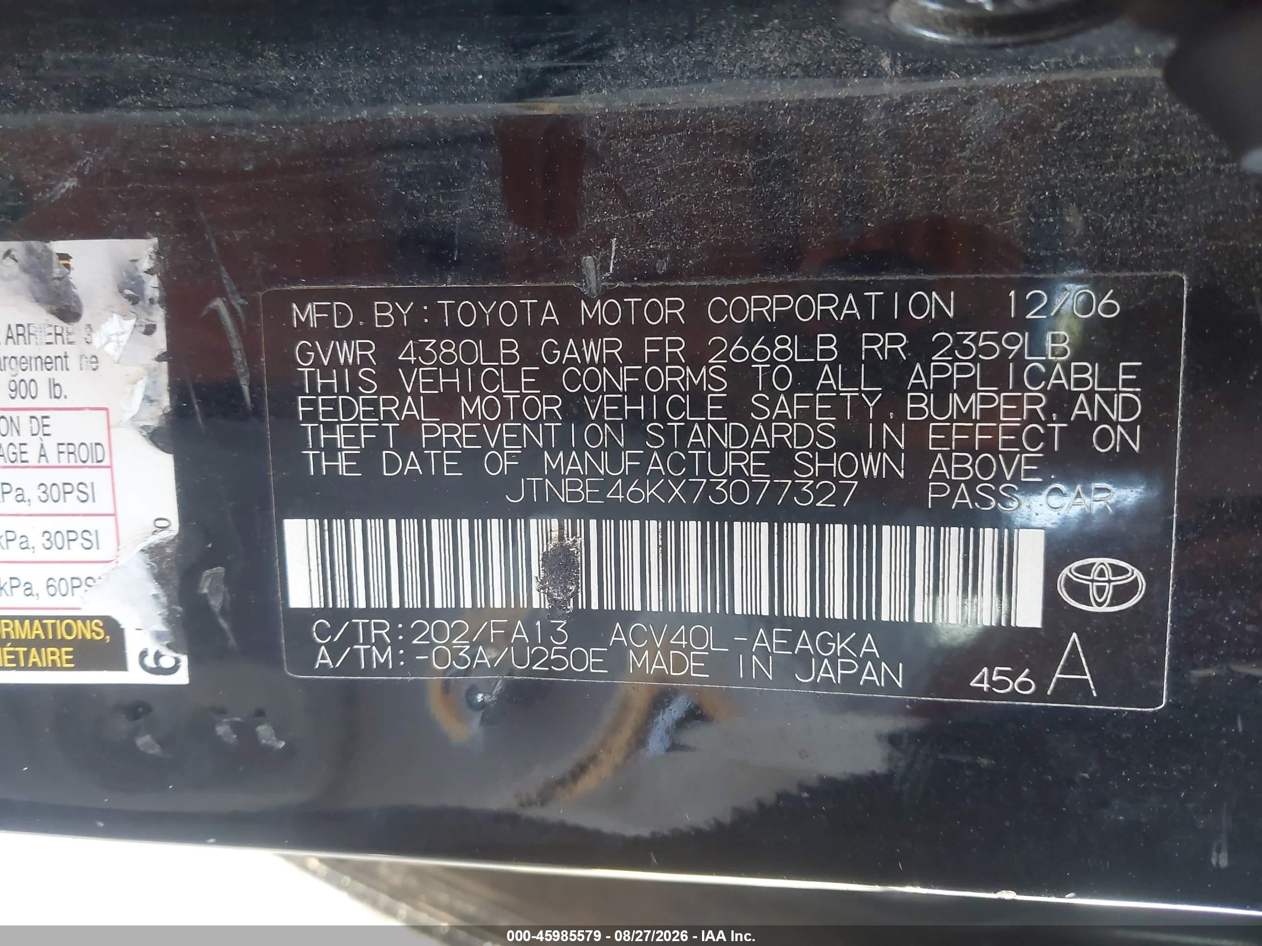 2007 Toyota Camry Xle Черный vin: JTNBE46KX73077327