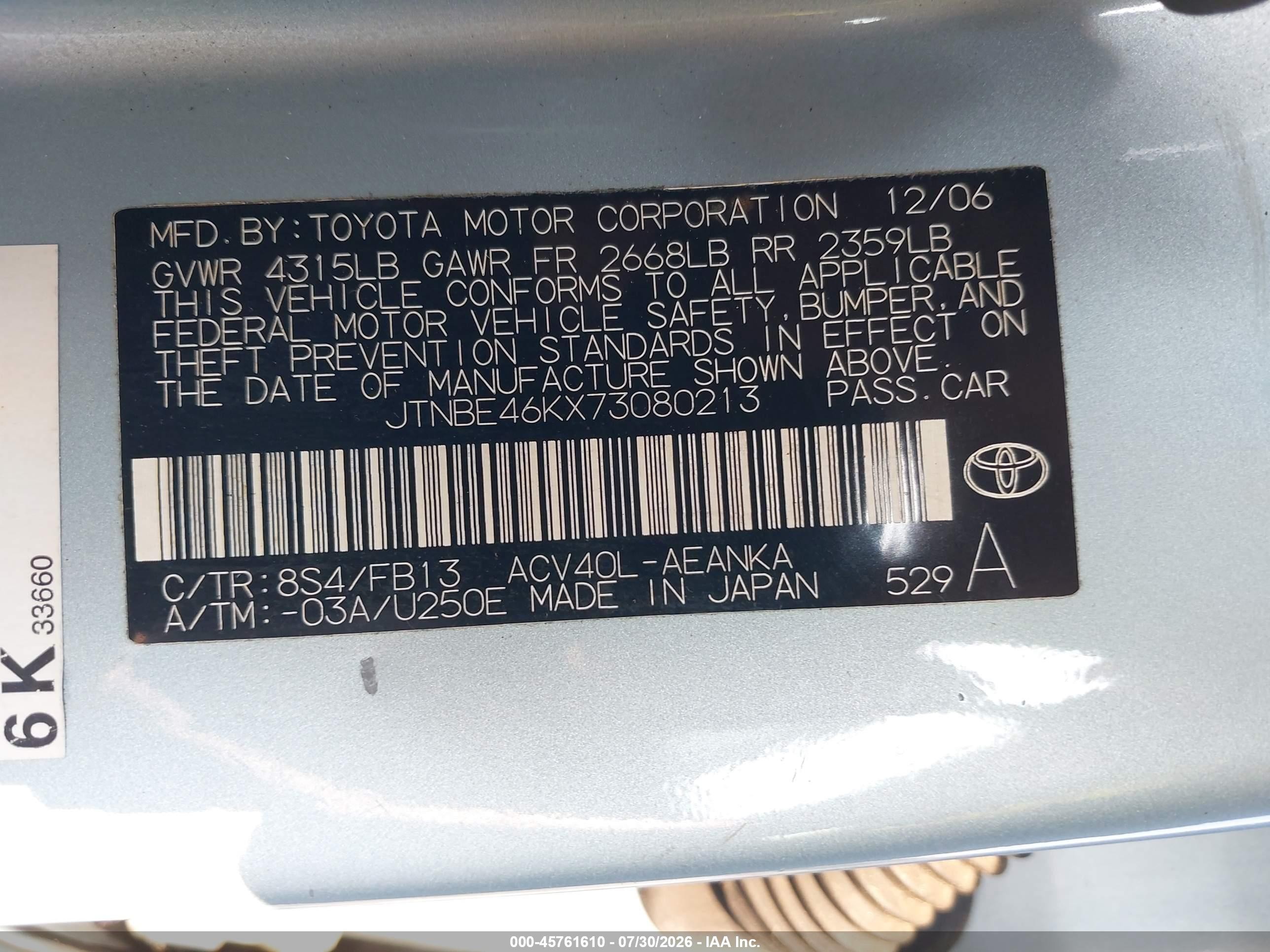 2007 Toyota Camry Le Light Blue vin: JTNBE46KX73080213
