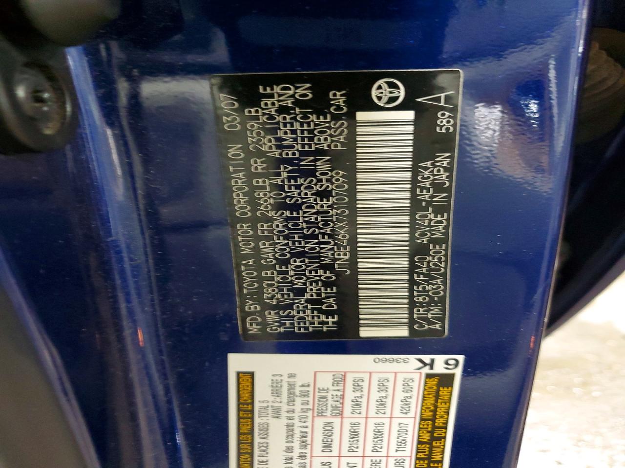 2007 Toyota Camry Xle Blue vin: JTNBE46KX73107099