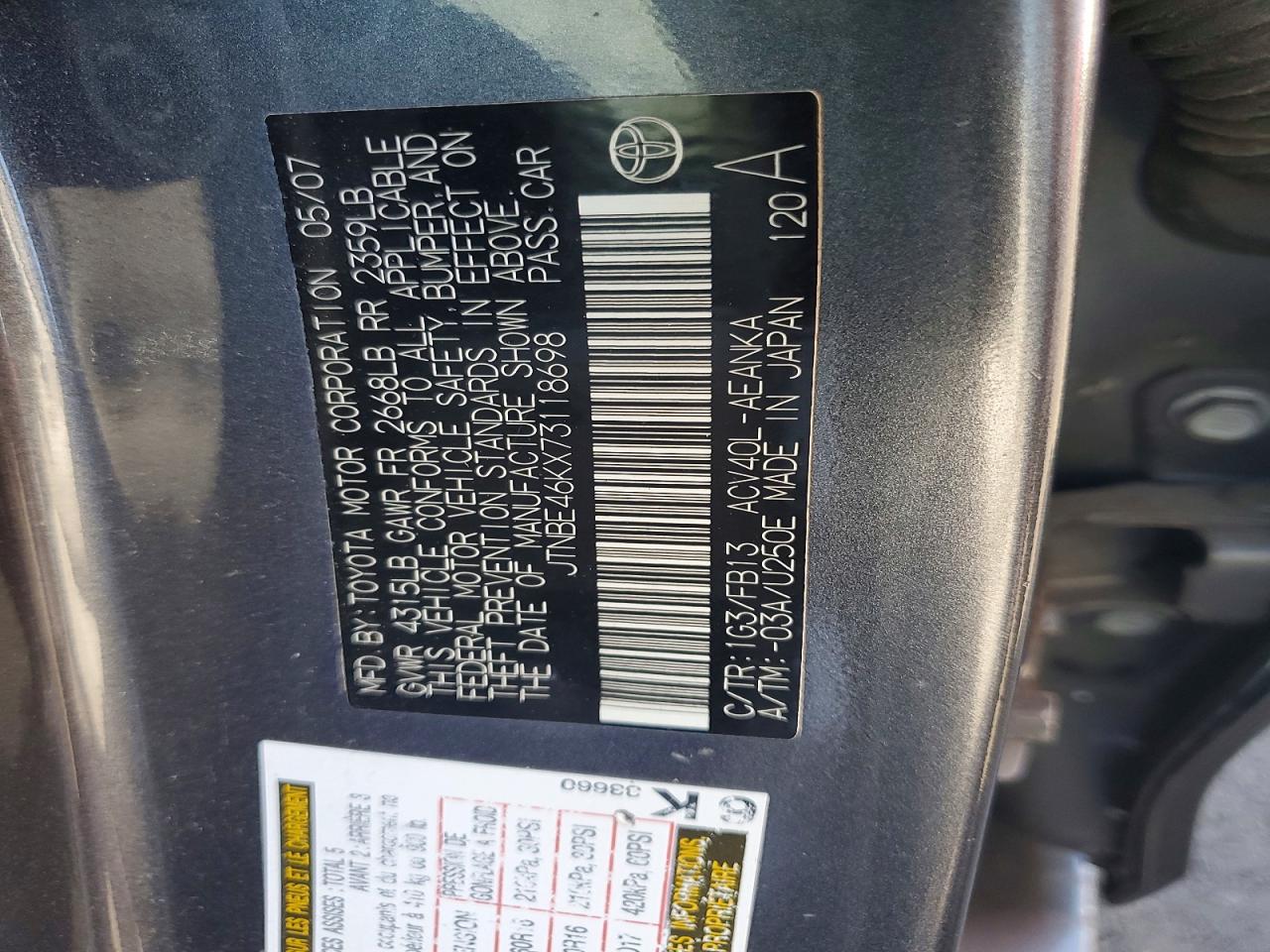 2007 Toyota Camry Le Charcoal vin: JTNBE46KX73118698