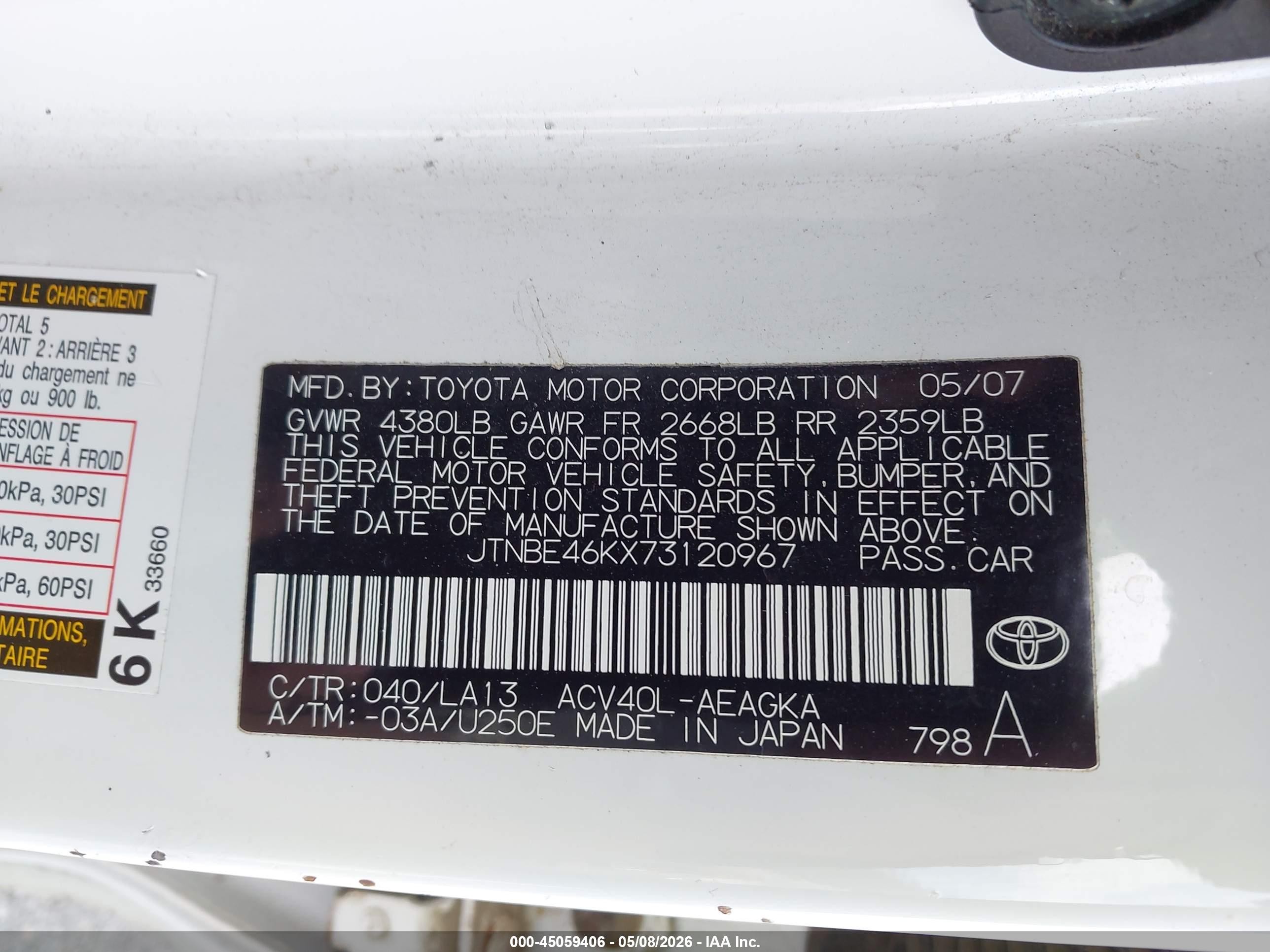 2007 Toyota Camry Xle White vin: JTNBE46KX73120967
