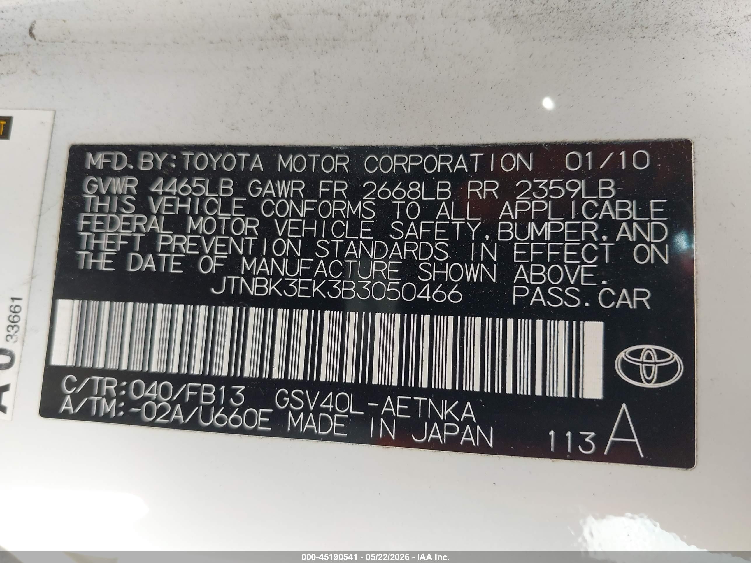 2011 Toyota Camry Le V6 White vin: JTNBK3EK3B3050466