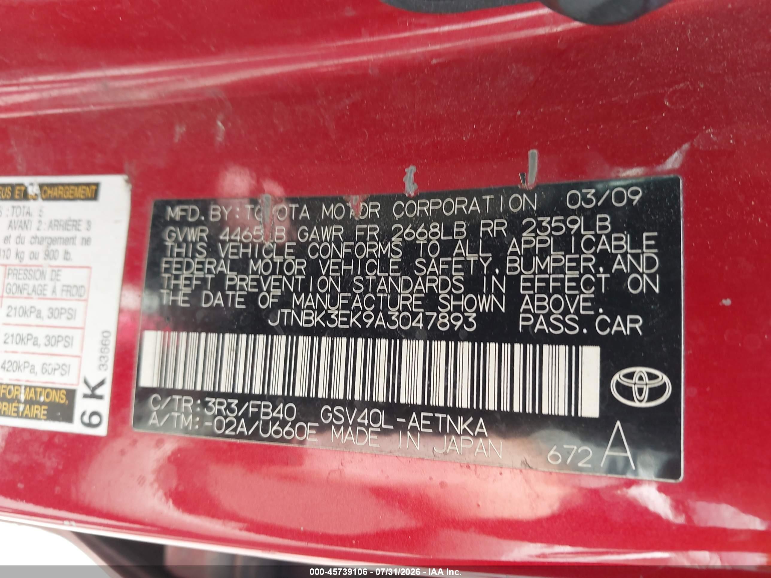 2010 Toyota Camry Le V6 Red vin: JTNBK3EK9A3047893