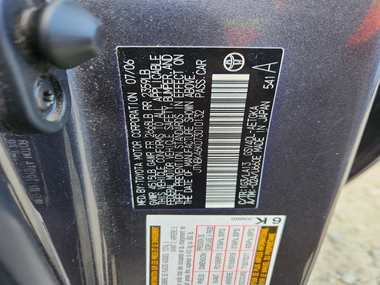 2007 Toyota Camry Xle V6 Серый vin: JTNBK46K073010132
