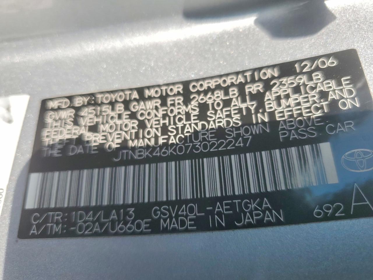 2007 Toyota Camry Xle V6 Silver vin: JTNBK46K073022247