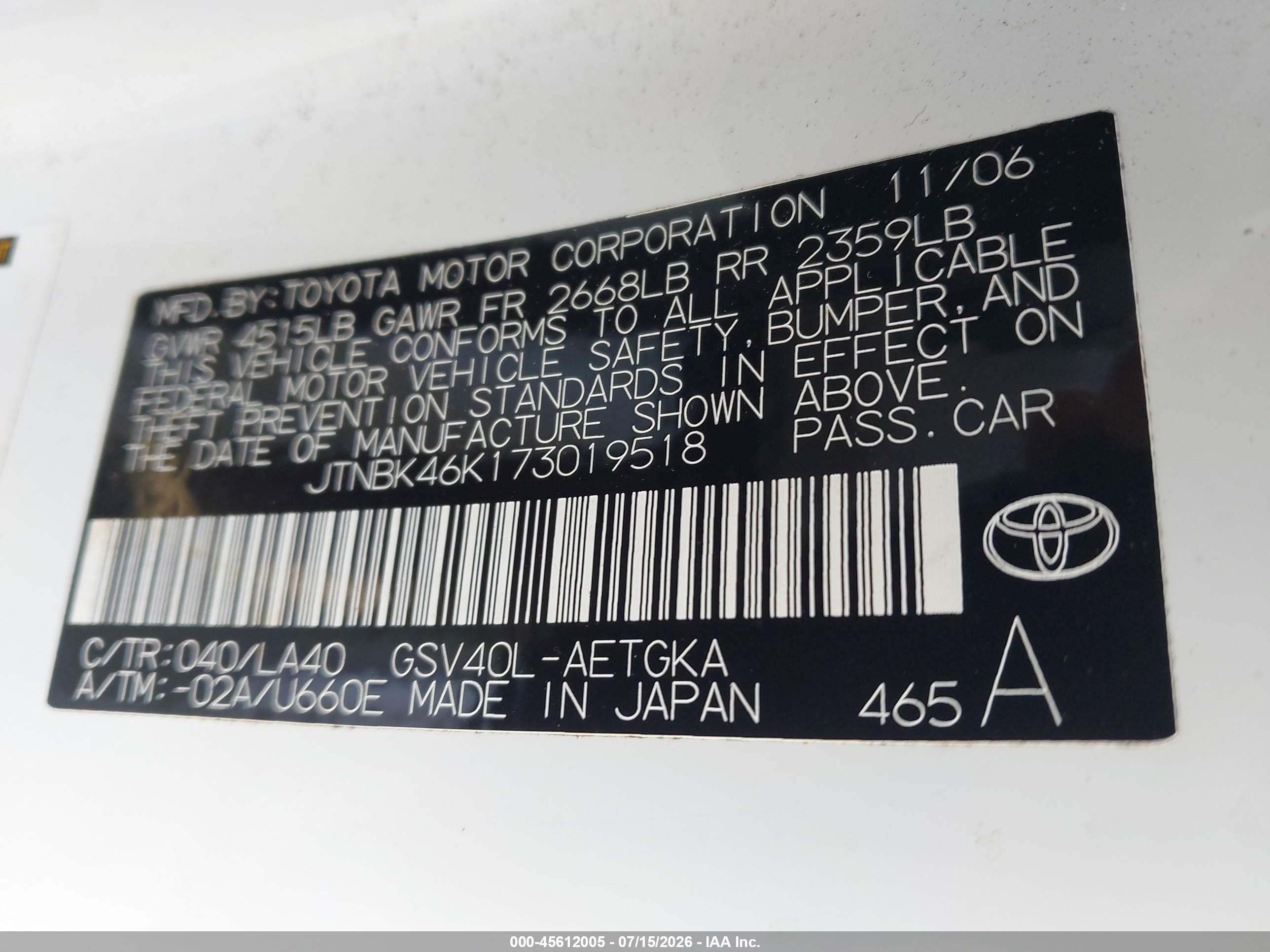 2007 Toyota Camry Xle V6 White vin: JTNBK46K173019518