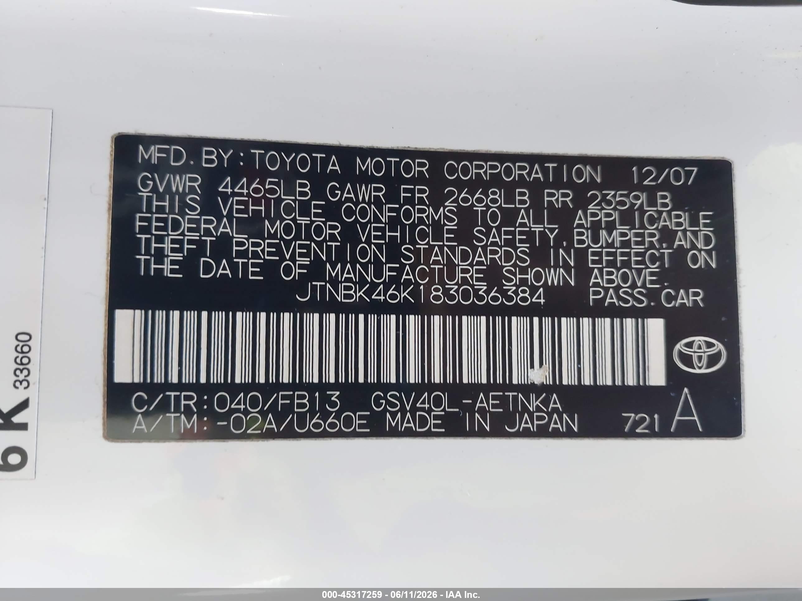 2008 Toyota Camry Le V6/se V6/xle V6 White vin: JTNBK46K183036384