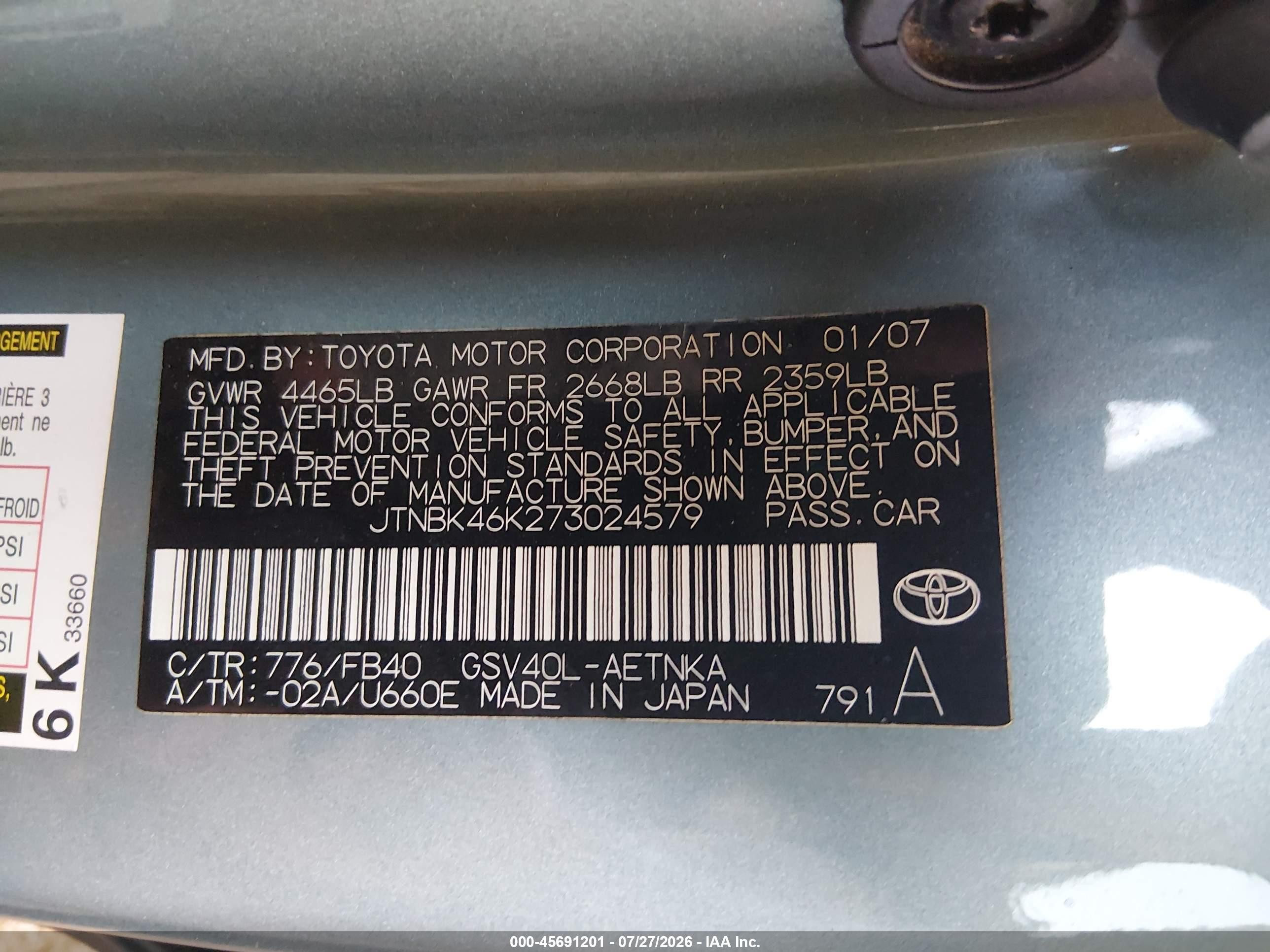 2007 Toyota Camry Le V6 Синий vin: JTNBK46K273024579