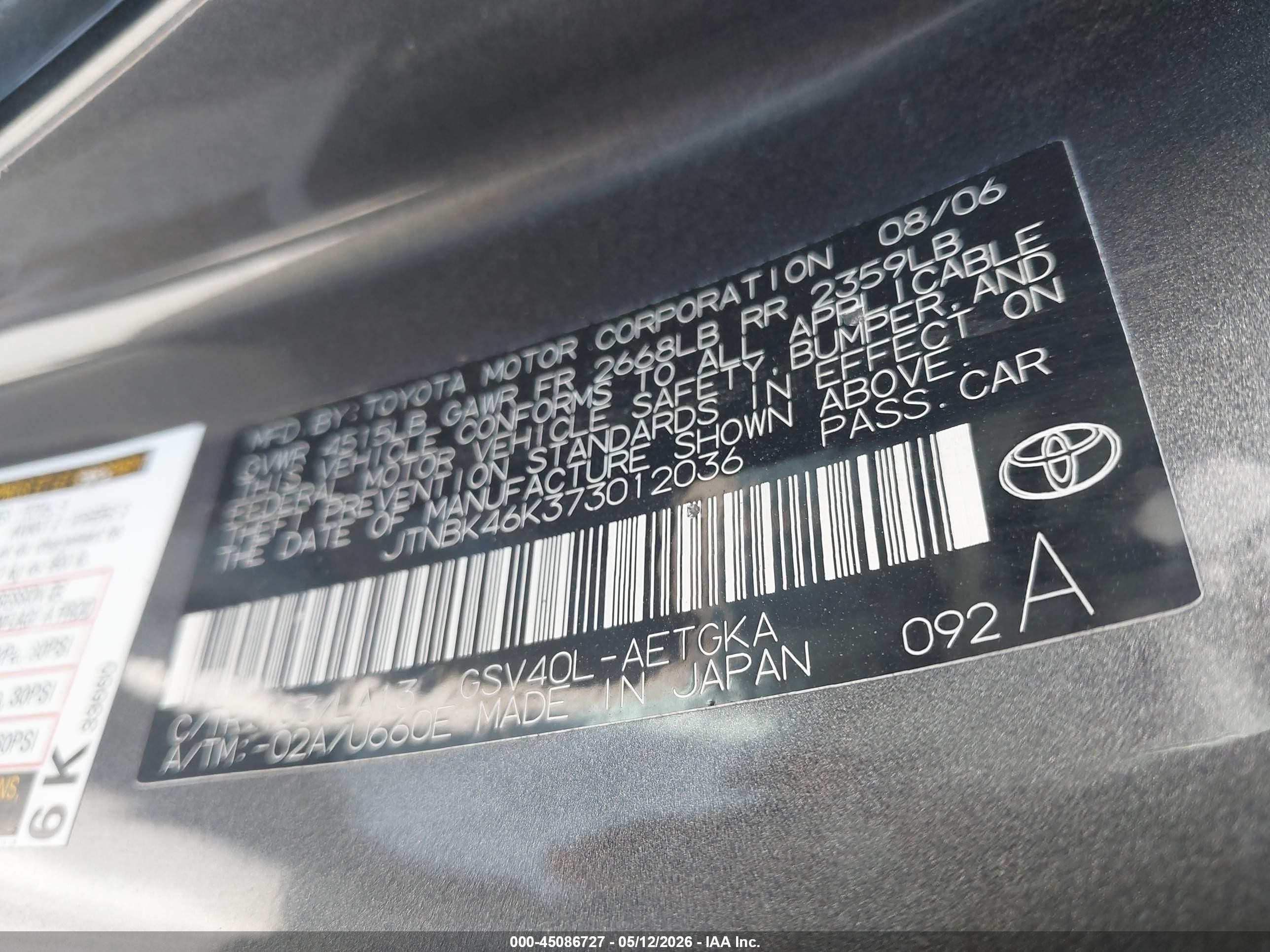 2007 Toyota Camry Xle V6 Silver vin: JTNBK46K373012036