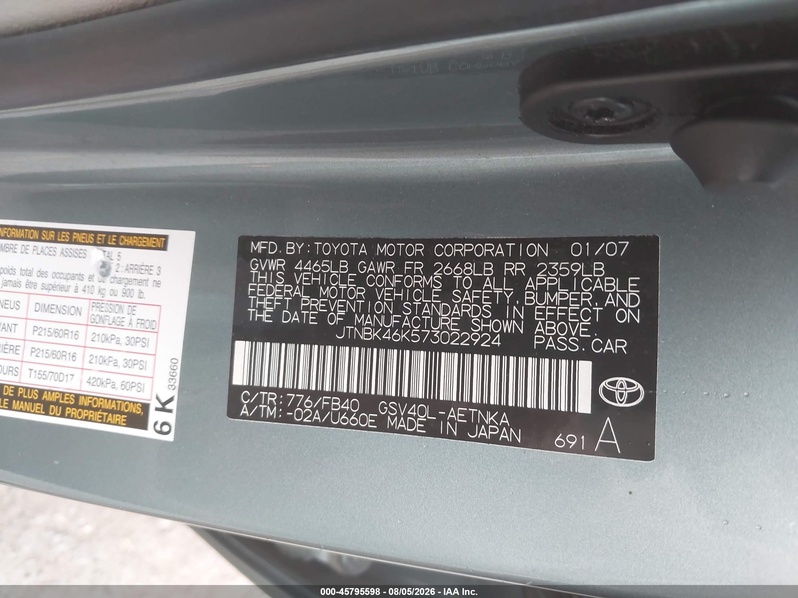 2007 Toyota Camry Le V6 Gray vin: JTNBK46K573022924