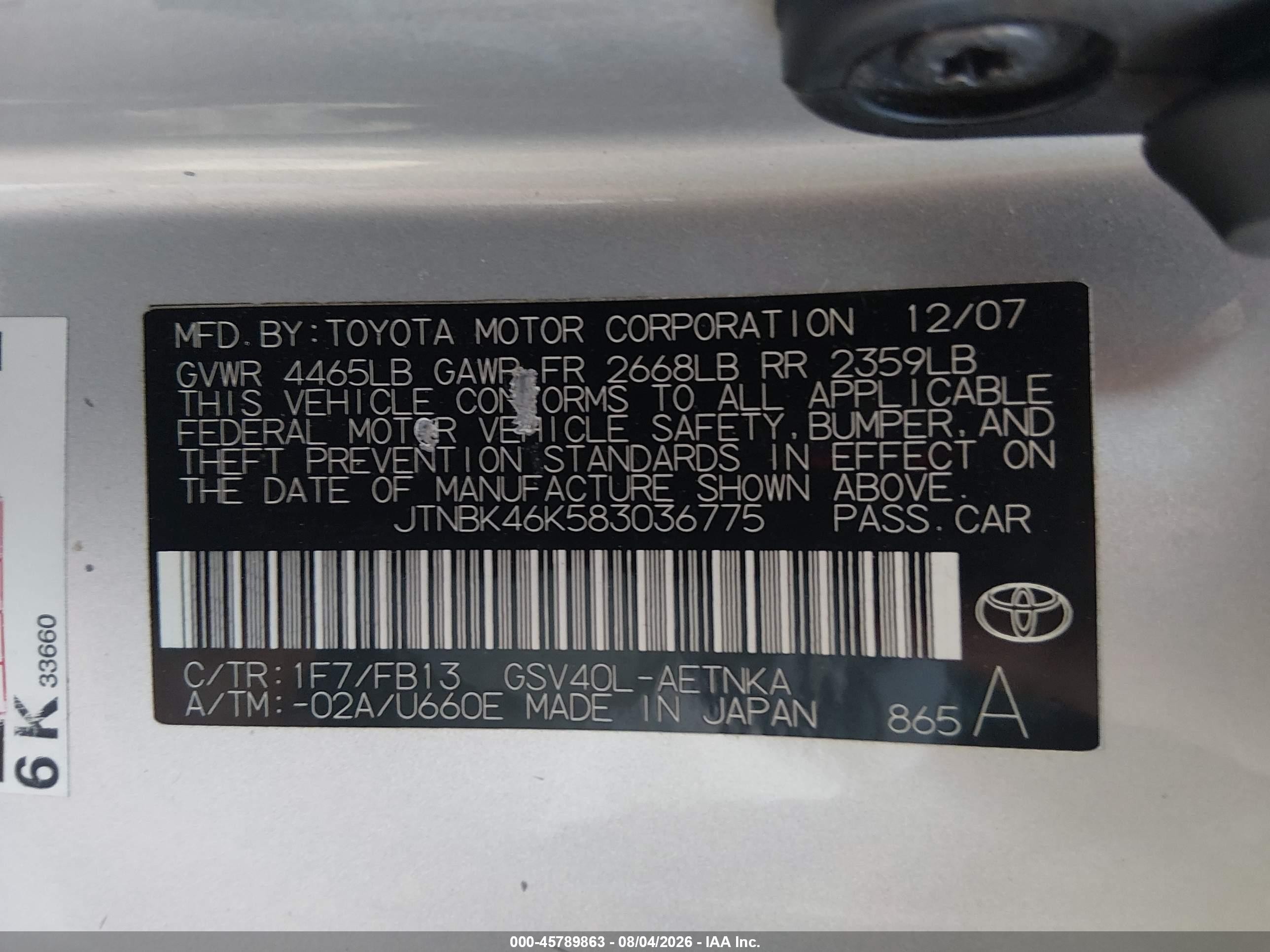 2008 Toyota Camry Le Silver vin: JTNBK46K583036775