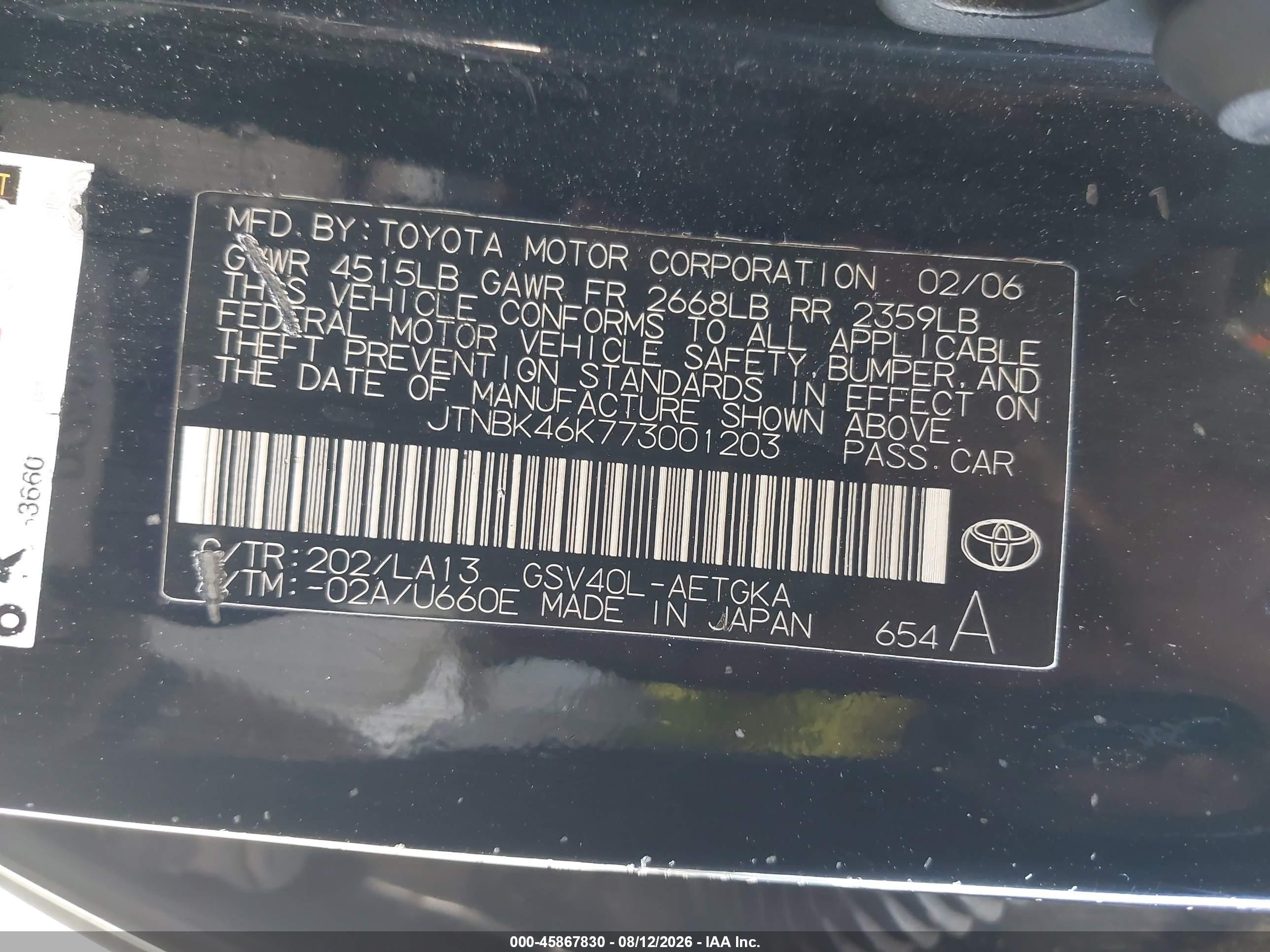 2007 Toyota Camry Xle V6 Черный vin: JTNBK46K773001203