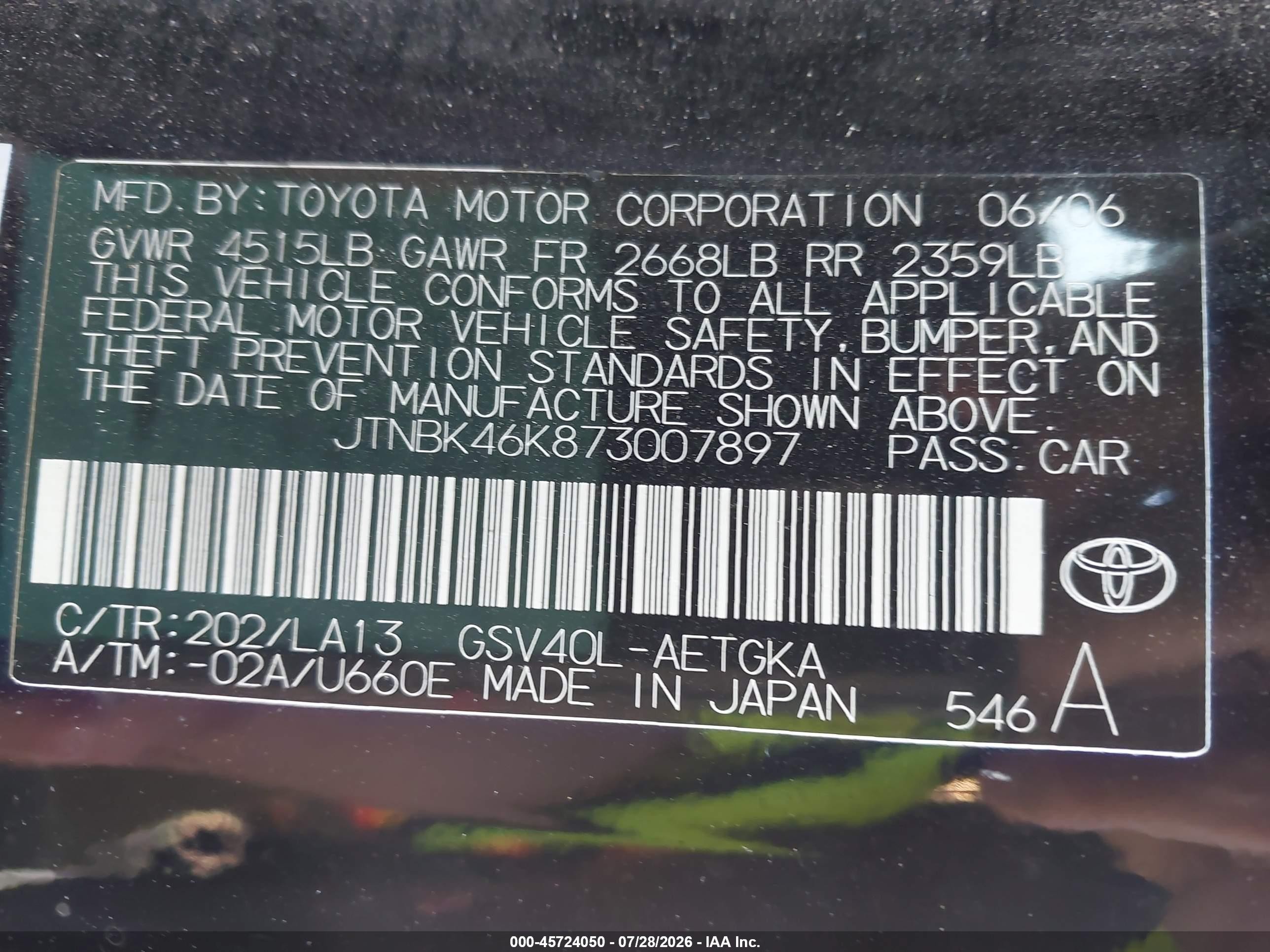 2007 Toyota Camry Xle V6 Черный vin: JTNBK46K873007897