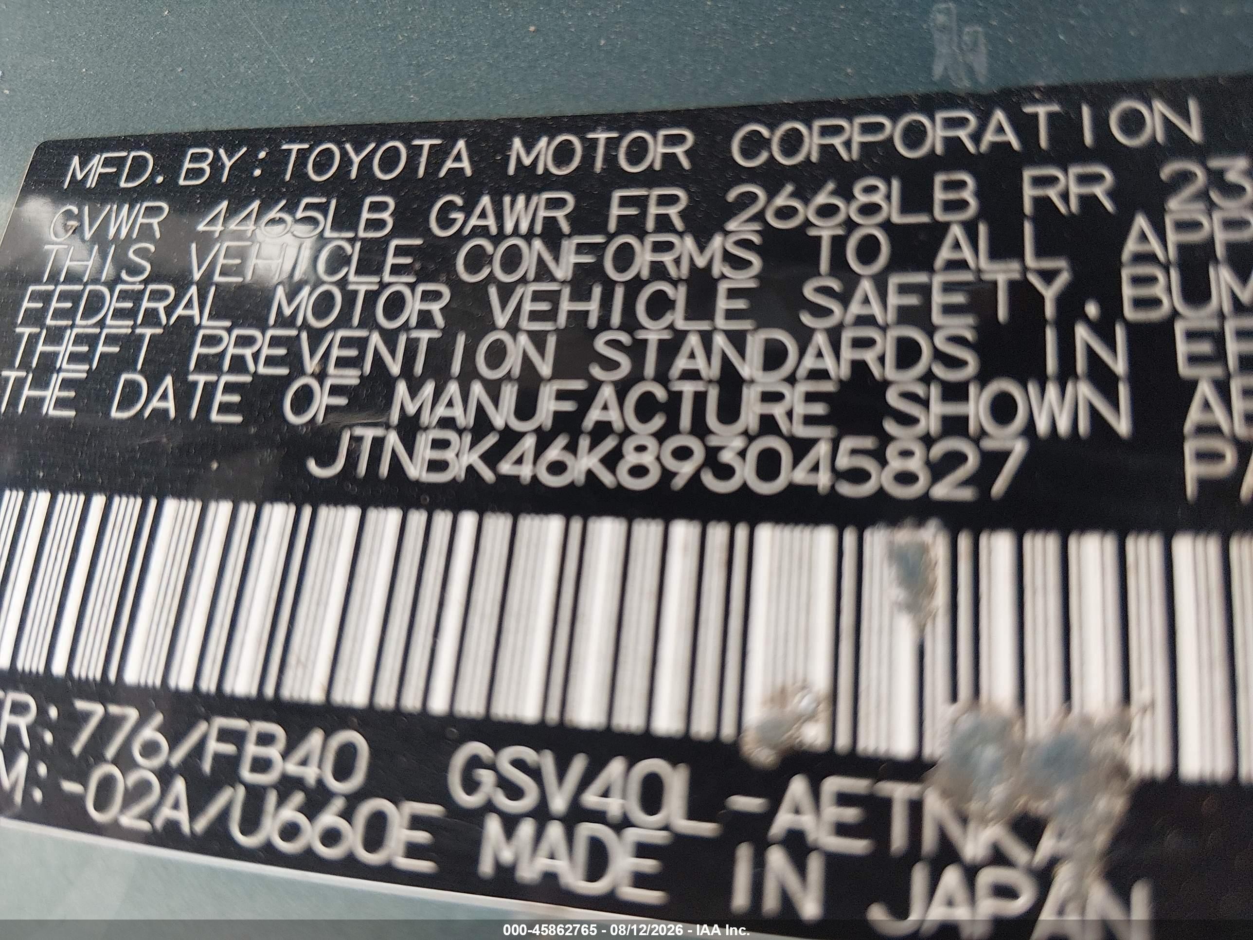 2009 Toyota Camry Le V6 White vin: JTNBK46K893045827