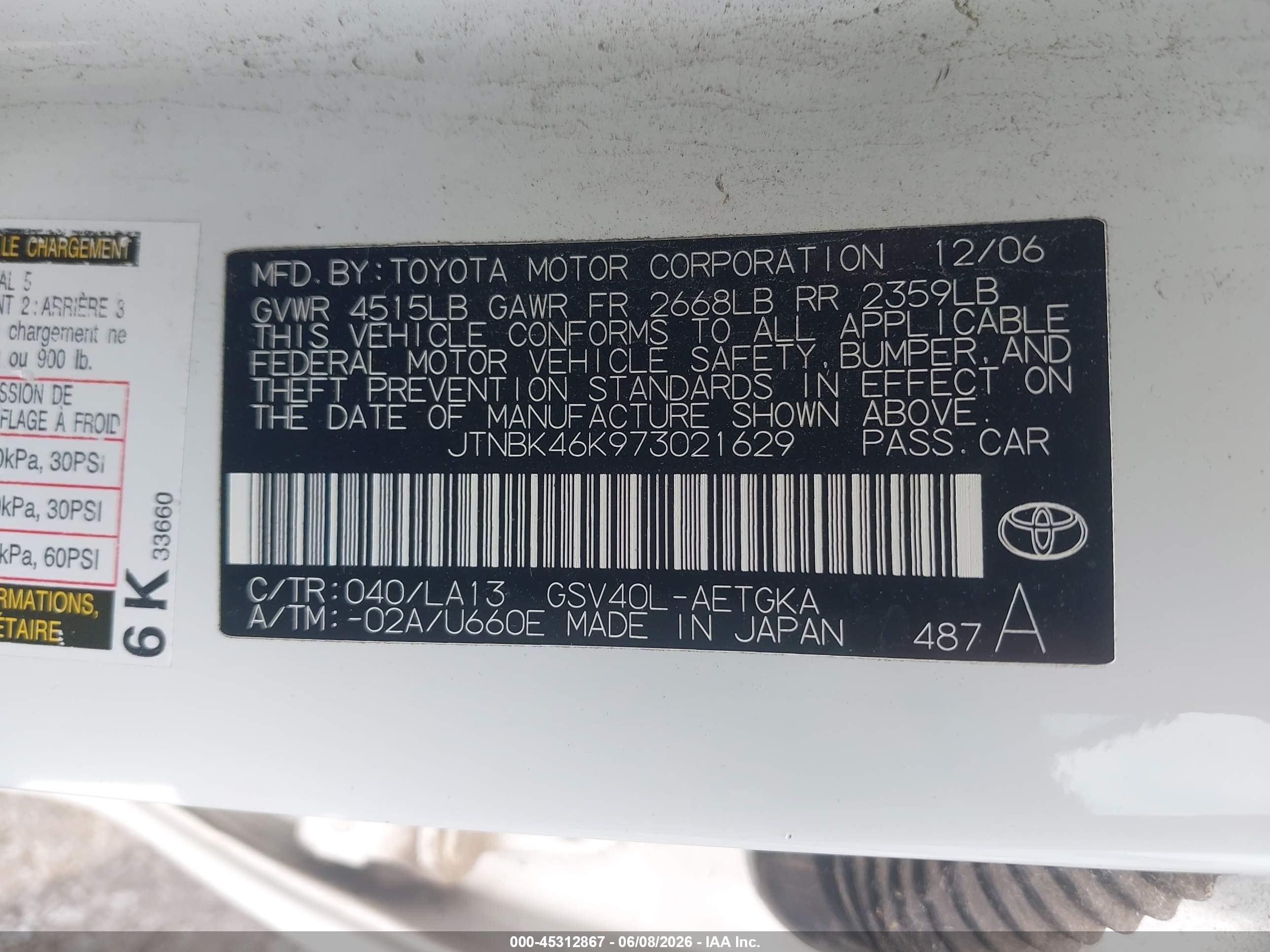 2007 Toyota Camry Xle V6 White vin: JTNBK46K973021629