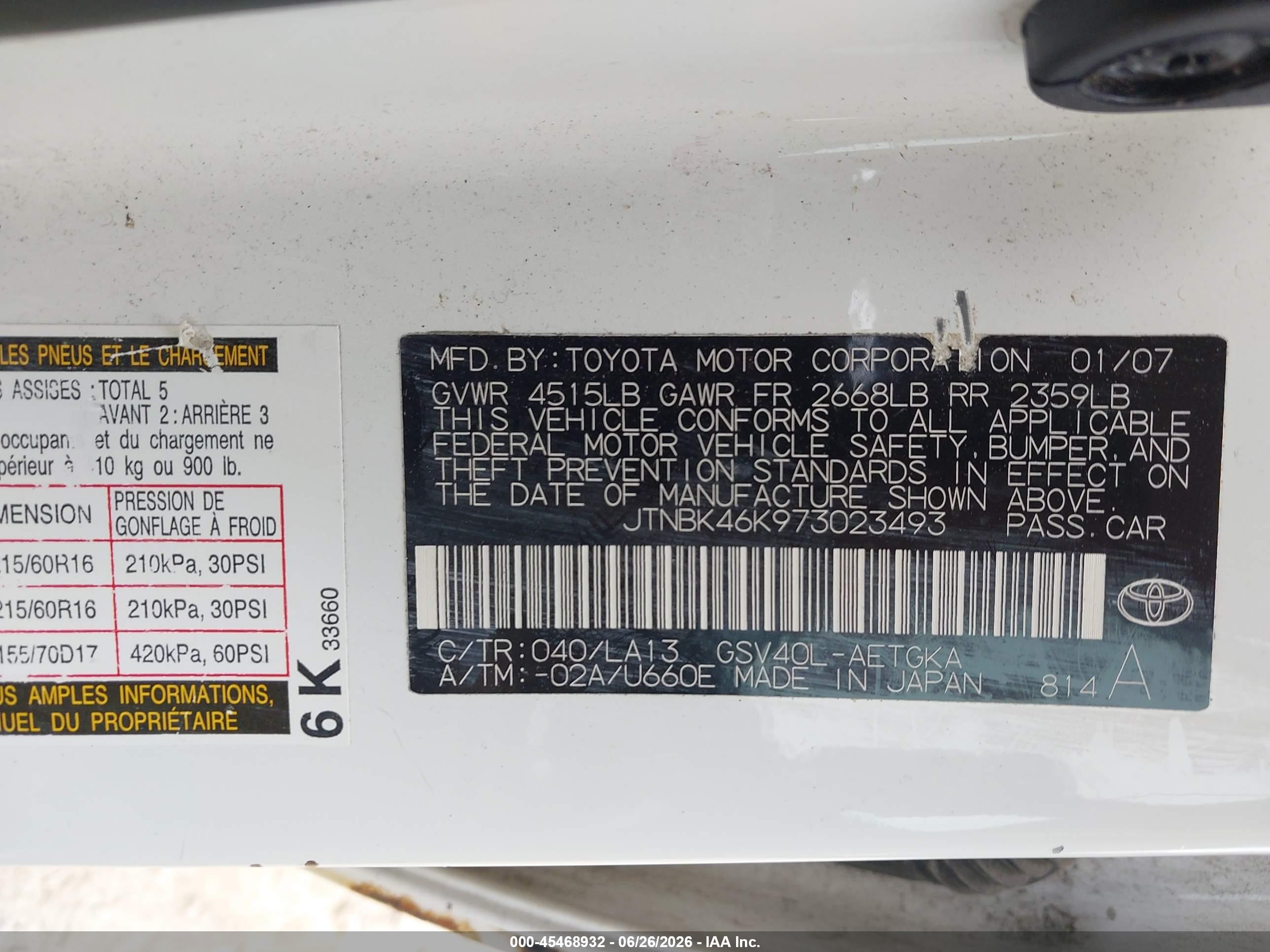2007 Toyota Camry Xle V6 White vin: JTNBK46K973023493